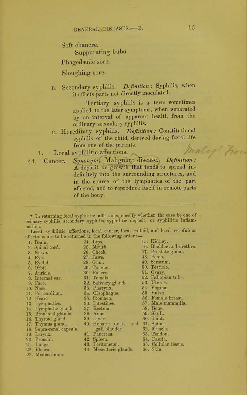 Soft chancre. Suppurating bubo Phagedenic sore. Sloughing sore. B. Secondary syphilis. Definition : Syphilis, when it affects parts not directly inoculated. Tertiary syphilis is a term sometimes applied to the later symptoms, when separated by an interval of apparent health from the ordinary secondary syphilis. C. Hereditary syphilis. Definition: Constitutional syphilis of the child, derived during foetal life from one of the parents. 1. Local syphilitic affections. 44. Cancer. Synonym, Malignant disease^ Definition : A deposit or growth that tends to spread in- definitely into the surrounding structures, and in the course of the lymphatics of the part affected, and to reproduce itself in remote parts of the body. * In returning local syphilitic affections, specify whether the case be one of primary syphilis, secondary syphilis, syphilitic deposit, or syphilitic inflam- mation. Local syphilitic affections, local cancer, local colloid, and local scrofulous affections are to be returned in the following order :— 1. Brain. 24. 2. Spinal cord. 25. 3. Nerve. 26. 4. Eye. 27. 5. Eyelid. 28. 6. Orbit, 29. 7. Auricle. 30. 8. Internal ear. 31. 9. Face. 32. 10. Nose. 33. 11. Pericardium. 34. 12. Heart. 35. 13. Lymphatics. 36. 14. Lymphatic glands. 37. 15. Bronchial glands. 38. 16. Thyroid gland. 39. 17. Thymus gland. 40. 18. Supra-renal capsule. 19. Larynx. 41. 20. Bronchi. 42. 21. Lungs. 43. 22. Pleura. 44. 23. Mediastinum. Lips. Mouth. Cheek. Jaws. Gum. Tongue. Fauces. Tonsils. Salivary glands. Pharynx. Oesophagus. Stomach. Intestines. Rectum. Anus. Liver. Hepatic ducts and gall bladder. Pancreas. Spleen. Peritoneum. Mesenteric glands. 45. Kidney. 46. Bladder and urethra. 47- Prostate gland. 48. Penis. 49. Scrotum. 50. Testicle. 51. Ovary. 52. Fallopian tube. 53. Uterus. 54. Vagina. 55. Vulva. 56. Female breast. 57. Male mammilla. 58. Bone. 59. Skull. 60. Joint. 61. Spine. 62. Muscle. 63. Tendon. 64. Fascia. 65. Celhxlar tissue. 66. Skin.
