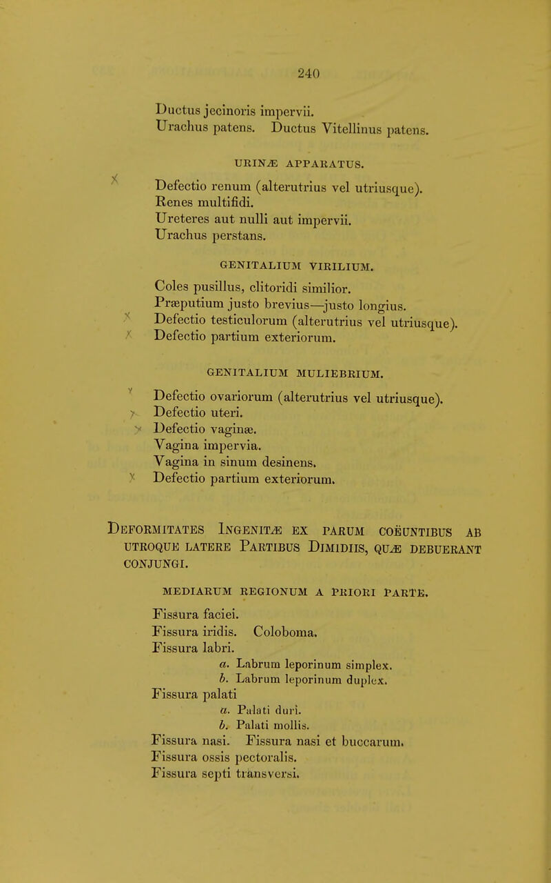 Ductus jecinoris impervii. Urachus patens. Ductus Vitellinus patens. URIN.E APPARATUS. Defectio renum (alterutrius vel utriusque). Renes multifidi. Uretères aut nulli aut impervii. Urachus perstans. GENITALIUM VIRILIUM. Coles pusillus, clitoridi similior. Präputium justo brevius—justo longius. Defectio testiculorum (alterutrius vel utriusque). Defectio partium exteriorum. GENITALIUM MULIEBRIUM. Defectio ovariorum (alterutrius vel utriusque). y Defectio uteri. Defectio vaginae. Vagina impervia. Vagina in sinum desinens» Defectio partium exteriorum. Deformitates Ingenita ex rarum coëuntibus ab utroque latere partibus dlmidiis, qu^e debuerant conjungi. MEDIARUM REGIONUM A PRIORI PARTE. Fissura faciei. Fissura iridis. Coloboma. Fissura labri. a. Labrum leporinum simplex. b. Labrum leporinum duplex. Fissura palati a. Palati duri. b. Palati mollis. Fissura nasi. Fissura nasi et buccarum. Fissura ossis pectoralis. Fissura septi trans versi.
