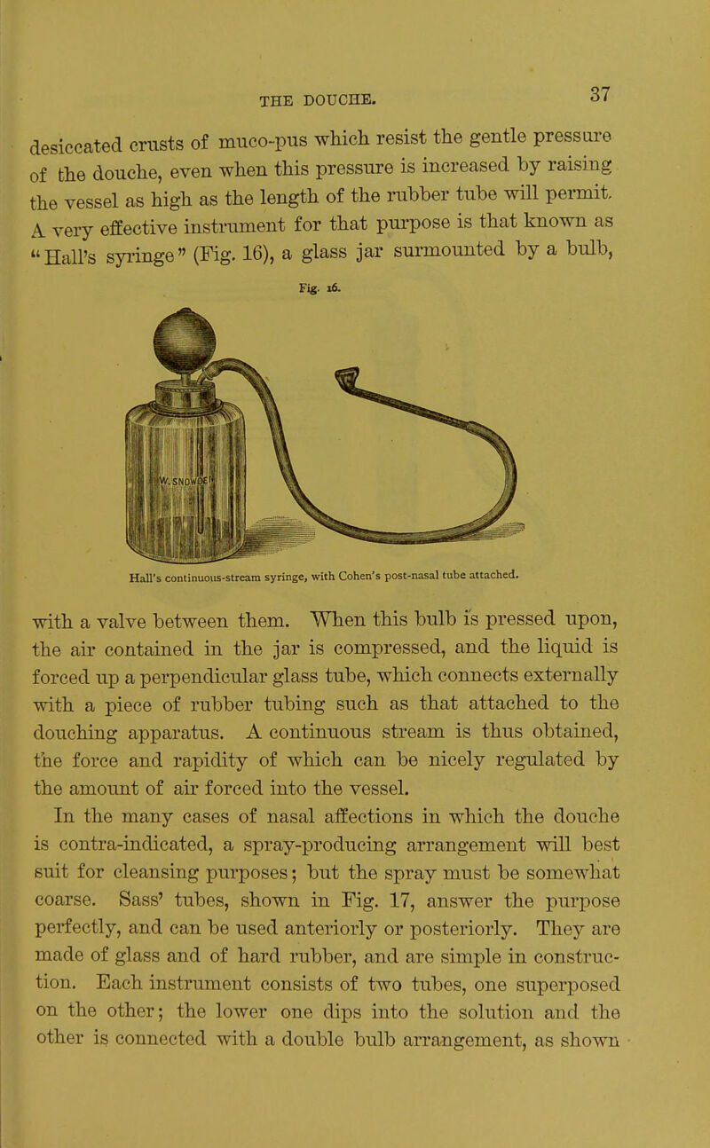 desiccated crusts of muco-pus which resist the gentle pressure of the douche, even when this pressure is increased by raising the vessel as high as the length of the rubber tube will permit. A. very effective instrument for that purpose is that known as Hall's syringe (Fig. 16), a glass jar surmounted by a bulb, F(g. 16. Hall's continuo.us-stream syringe, with Cohen's post-nasal tube attached. with a valve between them. When this bulb is pressed upon, the air contained in the jar is compressed, and the liquid is forced up a perpendicular glass tube, which connects externally with a piece of rubber tubing such as that attached to the douching apparatus. A continuous stream is thus obtained, the force and rapidity of which can be nicely regulated by the amount of air forced into the vessel. In the many cases of nasal affections in which the douche is contra-indicated, a spray-producing arrangement will best suit for cleansing purposes; but the spray must be somewhat coarse. Sass' tubes, shown in Fig. 17, answer the purpose perfectly, and can be used anteriorly or posteriorly. They are made of glass and of hard rubber, and are simple in construc- tion. Each instrument consists of two tubes, one superposed on the other; the lower one dips into the solution and the other is connected with a double bulb arrangement, as shown