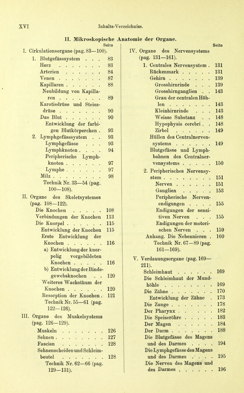 II. Mikroskopische Seite I. Cirkulationsorgane (pag. 83—100). 1. Blutgefässsystem ... 83 Herz 83 Arterien 84 Venen ....... 87 Kapillaren 88 Neubildung von Kapilla- ren 89 Karotisdrüse und Steiss- drüse 90 Das Blut 90 Entwicklung der farbi- gen Blutkörperchen . 93 2. Lymphgefässsystem . . 93 Lymphgefässe ... 93 Lymphknoten .... 94 Peripherische Lymph- knoten 97 Lymphe 97 Milz 98 Technik Nr. 33—54 (pag. 100—108). II. Organe des Skeletsystemes (pag. 108—122). Die Knochen 108 Verbindungen der Knochen 113 Die Knorpel 115 Entwicklung der Knochen 115 Erste Entwicklung der Knochen 116 a) Entwicklung der knor- pelig vorgebildeten Knochen 116 b) Entwicklung der Binde- gewebsknochen . . 120 Weiteres Wachsthum der Knochen 120 Resorption der Knochen . 121 Technik Nr. 55—61 (pag. 122—126). III. Organe des Muskelsystems (pag. 126—129). Muskeln 126 Sehnen 127 Fascien 128 Sehnenscheiden und Schleim- beutel 128 Technik Nr. 62—66 (pag. 129—131). Anatomie der Organe. Seite IV. Organe des Nervensystems (pag. 131—161). 1. Centrales Nervensystem . 131 Rückenmark 131 Gehirn 139 Grosshirnrinde . . . 139 Grosshirnganglien . . 143 Grau der centralen Höh- len 143 Kleinhirnrinde . . . 143 Weisse Substanz . . 148 Hypophysis cerebri . . 148 Zirbel 149 Hüllen des Centrainerven- systems 149 Blutgefässe und Lymph- bahnen des Centrainer- vensystems 150 2. Peripherisches Nervensy- stem 151 Nerven 151 Ganglien 153 Peripherische Nerven- endigungen .... 155 Endigungen der sensi- tiven Nerven . . . 155 Endigungen der motori- schen Nerven . . . 159 Anhang. Die Nebennieren . 160 Technik Nr. 67—89 (pag. 161—169). V. Verdauungsorgane (pag. 169— 211). Schleimhaut 169 Die Schleimhaut der Mund- höhle 169 Die Zähne 170 Entwicklung der Zähne . 173 Die Zunge 178 Der Pharynx 182 Die Speiseröhre 183 Der Magen 184 Der Darm 188 Die Blutgefässe des Magens und des Darraes .... 194 Die Lymphgefässe des Magens und des Darmes . . . . 195 Die Nerven des Magens und des Darmes 196