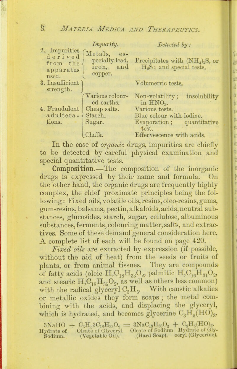Detected by: Precipitates with (NH4)2S, or Ii2S ; and sjjecial tests. Yolumetric tests. Non-volatility; insolubility in HNOo. Yarious tests. Blue colour with iodine. Evaporation; quantitative test. EfEervescence with acids. In the case of organic drugs, impurities are chiefly to be detected by careful physical examination and special quantitative tests. Composition.—The composition of the inorganic drugs is expressed by their name and formula. On the 'other hand, the organic drugs are frequently highly complex, the chief proximate principles being the fol- lowing : Fixed oils, volatile oils, resins, oleo-resins, gums, gum-resins, balsams, pectin, alkaloids, acids, neutral sub- stances, glucosides, starch, sugar, cellulose, albuminous substances, ferments, colouring matter, salts, and extrac- tives. Some of these demand general consideration here. A complete list of each will be found on page 420. Fixed oils are extracted by expression (if possible, without the aid of heat) from the seeds or fruits of plants, or from animal tissues. They are compounds of fatty acids (oleic H,Ci8H330o, palmitic HjO^gHg^Oo, and stearic HjCigHg^Og, as well as others less common) with the radical glyceryl C3H5. With caustic alkalies or metallic oxides they form soaps ; the metal com- bining with the acids, and displacing the glyceryl, which is hydrated, and becomes glycerine 03115(110)3. 3NaH0 4- C:iHi53Ci8H,;50. = 3NaCi8H3.^02 + C,H,(H0)3. Hydrate of Oleate of Glvceryl Olcate of Sodium Hydrate of Gly- Sodium. (VegetableOil). ,(Hai-d Soup), ccryl (Glyceriue). 2.. Impurities derived from the apparatus used. 3. Insufficient strength. Impurity. Metals, es- pecially lead, ] iron, and copper. } 4. Fraudulent a dultera - tions. Various colour- ed earths. Cheap salts. ■{ Starch. Sugar. Chalk.
