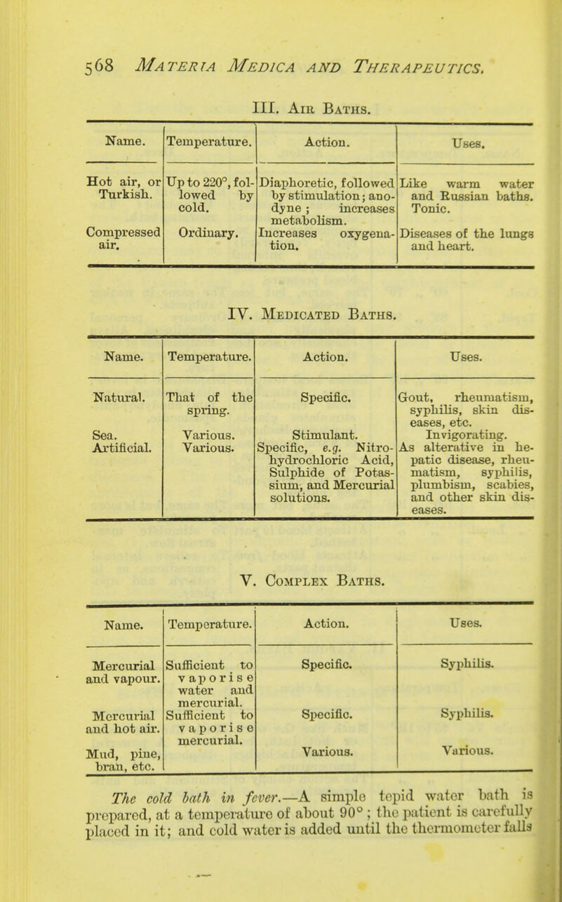 III. Am Baths. Name. Temperature. Action. Uses. Hot air, or Turkish. Compressed air. Up to 220^ fol- lowed by cold. Ordinary. Diaphoretic, followed by stimulation; ano- dyne ; increases metaboUsm. Increases oxygena- tion. Like warm water and Eussian baths. Tonic. Diseases of the lungs and heart. IV. Medicated Baths. Name. Temperature. Action. Uses. Natm*a1. Sea. Artificial. That of the spring. Various. Various. Specific. Stimulant. Specific, e.g. Nitro- hydrochloric Acid, Sulphide of Potas- siumi and Mercurial solutions. Gout, rheumatism, syphilis, skin dis- eases, etc. Invigorating. As alterative in he- patic disease, rheu- matism, syphilis, plumbism, scabies, and other skin dis- eases. V. Complex Baths. Name. Temperature. Action. Uses. Mercurial and vapour. Mercurial and hot air. Mud, pine, bran, etc. Sufficient to vaporise vi^ater and mercurial. Sufficient to vaporise mercurial. Specific. Specific. Various. Syphilis. Syphilis. Various. The cold hath in fever.—K simple tepid water bath is prepared, at a tempei-aWe of about 90° ; the patient is carefully placed in it; and cold water is added until the thennonieter falls