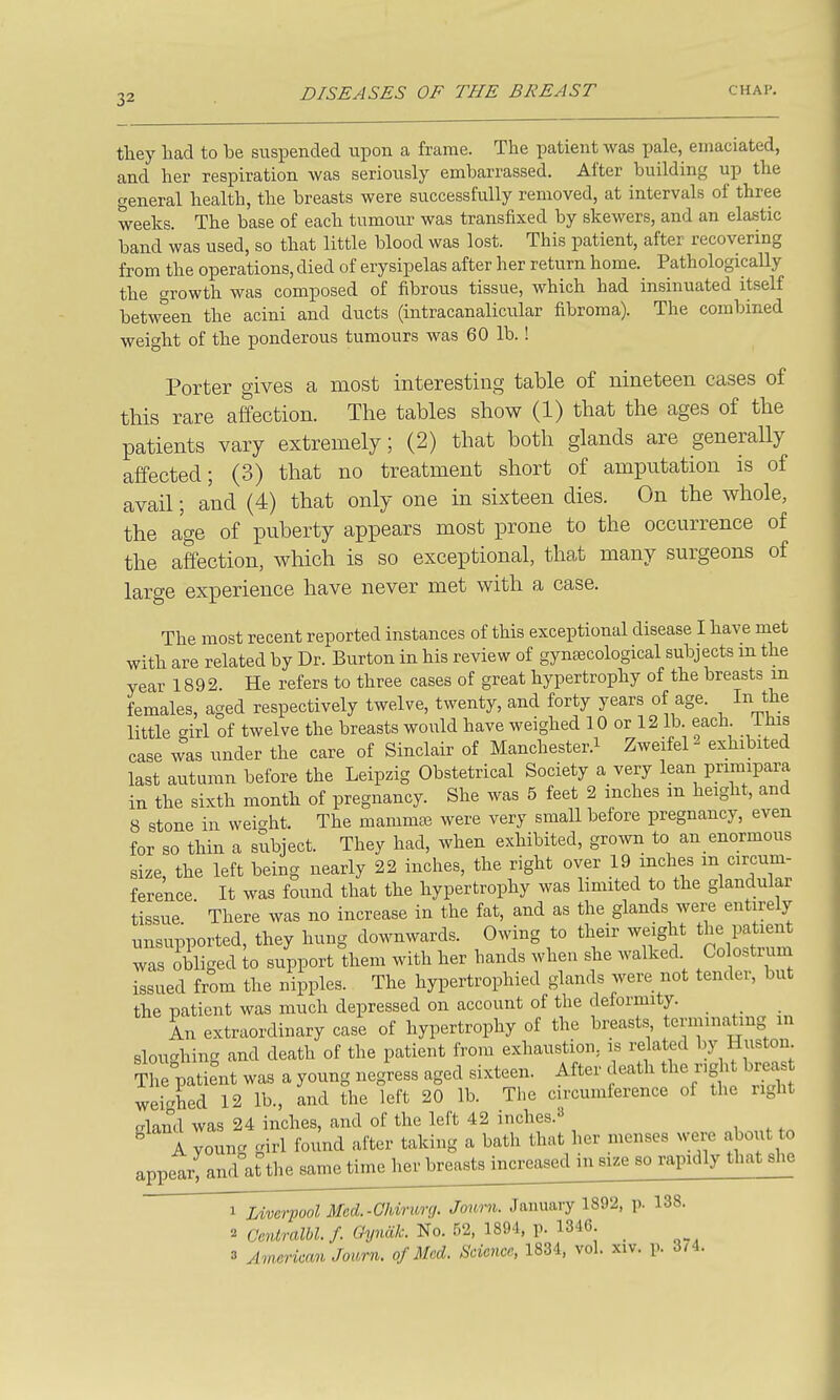 tliey had to be suspended upon a frame. The patient was pale, emaciated, and her respiration was seriously embarrassed. After building up the general health, the breasts were successfully removed, at intervals of three weeks. The base of each tumour was transfixed by skewers, and an elastic band was used, so that little blood was lost. This patient, after recovering from the operations, died of erysipelas after her return home. Pathologically the growth was composed of fibrous tissue, which had insinuated itself between the acini and ducts (intracanalicular fibroma). The combined weight of the ponderous tumours was 60 lb.! Porter gives a most interesting table of nineteen cases of this rare affection. The tables show (1) that the ages of the patients vary extremely; (2) that both glands are generally affected; (3) that no treatment short of amputation is of avail; and (4) that only one in sixteen dies. On the whole, the age of puberty appears most prone to the occurrence of the affection, which is so exceptional, that many surgeons of large experience have never met with a case. The most recent reported instances of this exceptional disease I have met with are related by Dr. Burton in his review of gynecological subjects m the year 1892 He refers to three cases of great hypertrophy of the breasts m females, aged respectively twelve, twenty, and forty years of age. In the little crirl of twelve the breasts would have weighed 10 or 12 lb. each, ims case was under the care of Sinclair of Manchester.! Zweifel- exhibited last autumn before the Leipzig Obstetrical Society a very lean primipara in the sixth month of pregnancy. She was 5 feet 2 inches m height, and 8 stone in weight. The mammae were very small before pregnancy, even for so thin a subject. They had, when exhibited, grown to an enormous size, the left being nearly 22 inches, the right over 19 inches m circum- ference It was found that the hypertrophy was limited to the glandular tissue There was no increase in the fat, and as the glands were entirely unsupported, they hung downwards. Owing to their weight the patient was obliged to support °them with her hands when she walked Colostrum issued from the nipples. The hypertrophied glands were not tender, but the patient was much depressed on account of the deformity. An extraordinary case of hypertrophy of the breasts terminating m sloudiing and death of the patient from exhaustion, is related by Huston Th patient was a young negress aged sixteen. After death the ngh breas weighed 12 lb., and the left 20 lb. The circumference of the right dand was 24 inches, and of the left 42 inches.-* ^ A young girl found after taking a bath that her menses were about to appetrUndatthesameti^^ 1 Liverpool Mcd.-Chirurg. Jmmi. January 1892, p. 138. 2 Centralbl.f. Chjncik. No. 52, 189-1, p. 1346 3 American Joimi. of Med. Science, 1834, vol. xiv. p. 374.