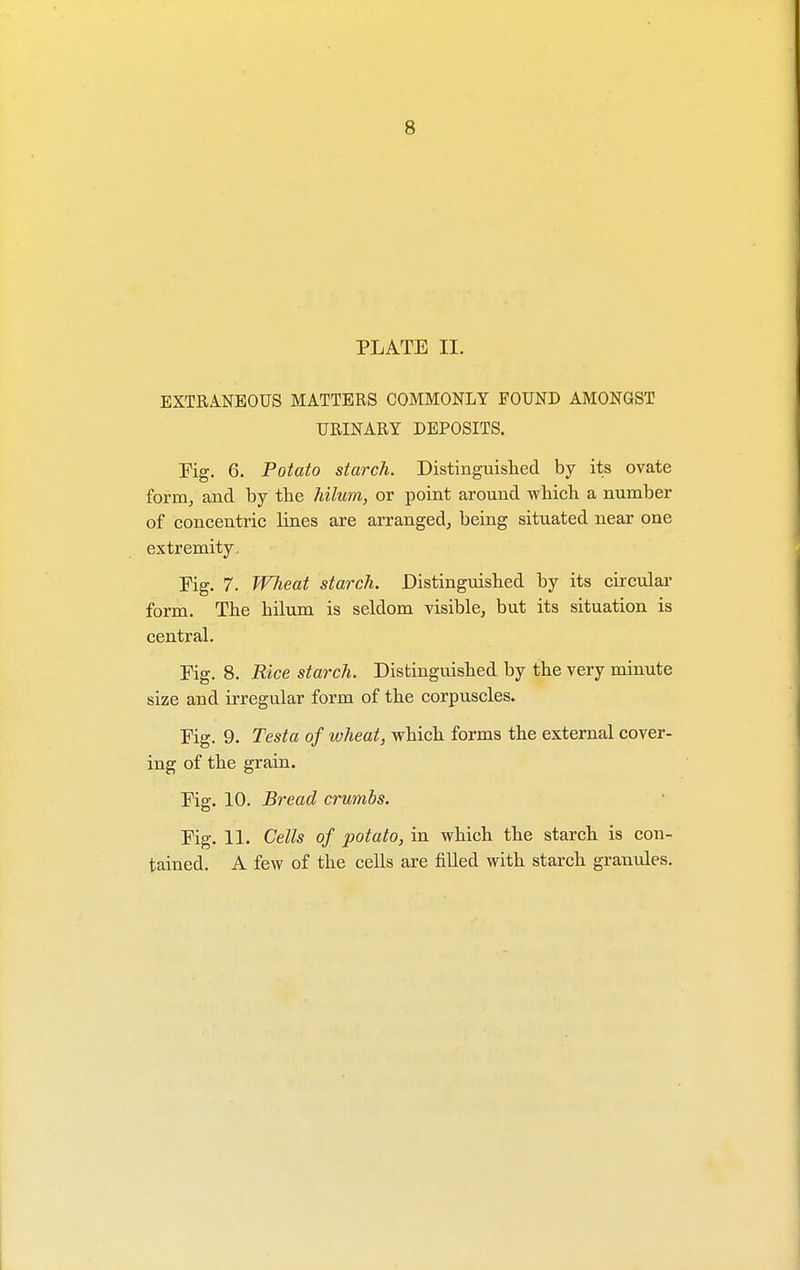 8 PLATE II. EXTRANEOUS MATTERS COMMONLY FOUND AMONGST URINARY DEPOSITS. Fig. 6. Potato starch. Distinguished by its ovate form, and by the hilum, or point around which a number of concentric lines are arranged, being situated near one extremity, Fig. 7. Wheat starch. Distinguished by its circular form. The hilum is seldom visible, but its situation is central. Fig. 8. Rice starch. Distinguished by the very minute size and irregular form of the corpuscles. Fig. 9. Testa of wheat, which forms the external cover- ing of the grain. Fig. 10. Bread crumbs. Fig. 11. Cells of potato, in which the starch is con- tained. A few of the cells are filled with starch granules.