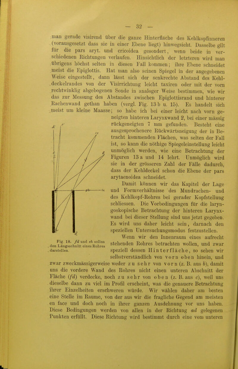 man gerade visirend über die gauze Hiiiterfläche des Kehlkopfiuiieren (vorausgesetzt dass sie in einer Ebene liegt) hinwegsieht. Dasselbe gilt für die pars aryt. und cricoidea gesondert, wenn beide in ver- schiedenen Kichtungen verlaufen. Hinsichtlich der letzteren wird man übrigens höchst selten in diesen Fall kommen; ihre Ebene schneidet meist die Epiglottis. Hat man also seinen Spiegel in der angegebenen Weise eingestellt, dann lässt sich der senkrechte Abstand des Kehl- . deckelrandes von der Visirrichtung leicht taxiren oder mit der vorn rechtwinklig abgebogenen Sonde in analoger Weise bestimmen, wie wir das zur Messung des Abstandes zwischen Epiglottisrand und hinterer Rachenwand gethan haben (vergl. Fig. 13 b u. 15). Es handelt sich meist um kleine Maasse; so habe ich bei einer leicht nach vorn ge- neigten hinteren Larynxwand 2, bei einer mässig rückgeneigten 7 mm gefunden. Besteht eine ausgesprochenere Rückwärtsneigung der in Be- tracht kommenden Flächen, was selten der Fall ist, so kann die nöthige Spiegeleinstellung leicht unmöglich werden, wie eine Betrachtung der Figuren 13 a und 14 lehrt. Unmöglich wird sie in der grösseren Zahl der Fälle dadurch, dass der Kehldeckel schon die Ebene der pars arytaenoidea schneidet. Damit können wir das Kapitel der Lage und Formverhältnisse des Mundrachen- und des Kehlkopf-Rohres bei gerader Kopfstellung schliessen. Die Vorbedingungen für die laryn- goskopische Betrachtung der hinteren Larynx- wand bei dieser Stellung sind uns jetzt gegeben. Es wird uns daher leicht sein, darnach den speziellen Untersuchungsmodus festzustellen. Wenn wir den lunenraum eines aufrecht stehenden Rohres betrachten wollen, und zwar speziell dessen Hin t er fläche, so sehen wir selbstverständlich von vorn oben hinein, und zwar zweckmässigerweise weder zu sehr von vorn (z. B. aus &), damit uns die vordere Wand des Rohres nicht einen unteren Abschnitt der Fläche {fd) verdecke, noch zu sehr von oben (z. B. aus c), weil uns dieselbe dann zu viel im Profil erscheint, was die genauere Betrachtung ihrer Einzelheiten erschweren würde. Wir wählen daher am besten eine Stelle im Räume, von der aus wir die fragliche Gegend am meisten en face und doch noch in ihrer ganzen Ausdehnung vor uns haben. Diese Bedingungen werden von allen in der Richtung ad gelegenen Fig. 18. fd und eh soHen den Längsschnitt eines Rohres darstellen. Punkten erfüllt. Diese Richtung wird bestimmt durch eine vom unteren