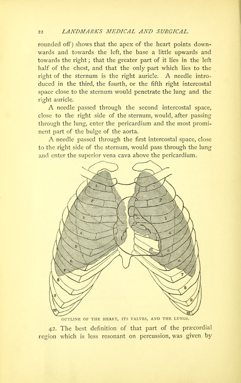 rounded off) shows that the apex of the heart points down- wards and towards the left, the base a little upwards and towards the right; that the greater part of it lies in the left half of the chest, and that the only part which lies to the right of the sternum is the right auricle. A needle intro- duced in the third, the fourth, or the fifth right intercostal space close to the sternum would penetrate the lung and the right auricle. A needle passed through the second intercostal space, close to the right side of the sternum, would, after passing through the lung, enter the pericardium and the most promi- nent part of the bulge of the aorta. A needle passed through the first intercostal space, close to the right side of the sternum, would pass through the lung and enter the superior vena cava above the pericardium. OUTLINE OF THE HEART, ITS VALVES, AND THE LUNGS. 42. The best definition of that part of the praecordial region which is less resonant on percussion, was given by