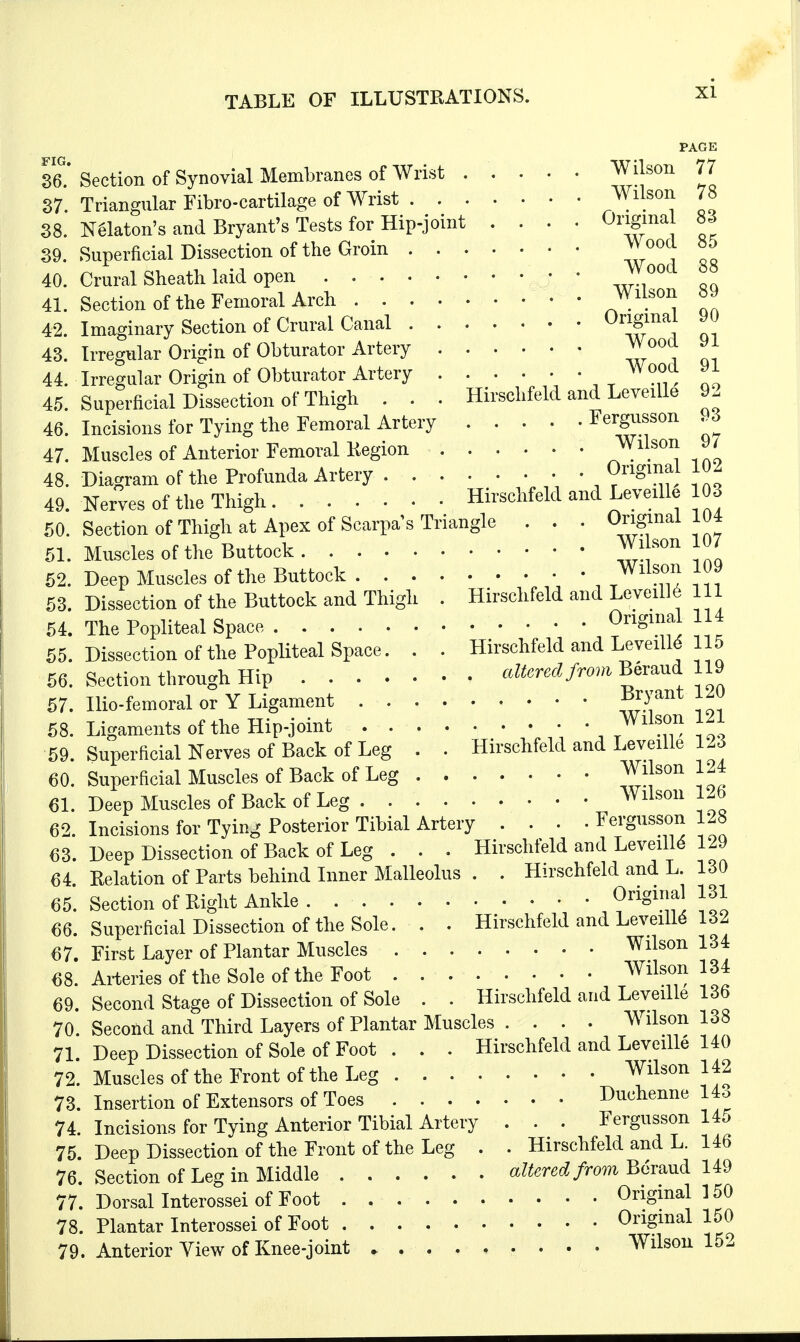 PAGE 36. ' Section of Synovial Membranes of Wrist ^r^™ 11 37. Triangular Fibro-cartilage of Wrist Wilson 78 38. Nelaton's and Bryant's Tests for Hip-joint .... Ongjnal W 39. Superficial Dissection of the Groin Wood 85 40. Crural Sheath laid open JVood ° 41. Section of the Femoral Arch Wilson S9 42. Imaginary Section of Crural Canal £ i qi 43. Irregular Origin of Obturator Artery Wood 91 44. Irregular Origin of Obturator Artery Wood yi 45. Superficial Dissection of Thigh . . . Hirschfeld and Leveille 92 46. Incisions for Tying the Femoral Artery Fergusson 93 47. Muscles of Anterior Femoral Region ^Wll.S01} 9JL 48. Diagram of the Profunda Artery Original 49. Nerves of the Thigh Hirschfeld and Leveille 103 50. Section of Thigh at Apex of Scarpa's Triangle . . . Original 104 51. Muscles of the Buttock Gibson 107 52. Deep Muscles of the Buttock • • WllS0IJ ™» 53. Dissection of the Buttock and Thigh . Hirschfeld and Leveilte 111 54. The Popliteal Space Ongma114 55. Dissection of the Popliteal Space. . . Hirschfeld and LeveilM 115 56. Section through Hip altered from Bemud 119 57. Ilio-femoral or Y Ligament ^yant 1A> 58. Ligaments of the Hip-joint Wilson izi 59. Superficial Nerves of Back of Leg . . Hirschfeld and Leveille 123 60. Superficial Muscles of Back of Leg Wilson 124 61. Deep Muscles of Back of Leg Wilson 126 62. Incisions for Tying Posterior Tibial Artery .... Fergusson 128 63. Deep Dissection of Back of Leg . . . Hirschfeld and Leveille- 129 64 Relation of Parts behind Inner Malleolus . . Hirschfeld and L. 130 65. Section of Right Ankle Original 131 66. Superficial Dissection of the Sole. . . Hirschfeld and Leveille 16 A 67. First Layer of Plantar Muscles Wilson 134 68. Arteries of the Sole of the Foot Wilson 134 69. Second Stage of Dissection of Sole . . Hirschfeld and Leveille 136 70. Second and Third Layers of Plantar Muscles .... Wilson 138 71. Deep Dissection of Sole of Foot . . . Hirschfeld and Leveille 140 72. Muscles of the Front of the Leg Wilson 142 73. Insertion of Extensors of Toes Duchenne 143 74. Incisions for Tying Anterior Tibial Artery . . . Fergusson 145 75. Deep Dissection of the Front of the Leg . . Hirschfeld and L. 146 76. Section of Leg in Middle altered from Boraud 149 77. Dorsal Interossei of Foot Original 150 78. Plantar Interossei of Foot Original 150 79. Anterior View of Knee-joint Wilson 152