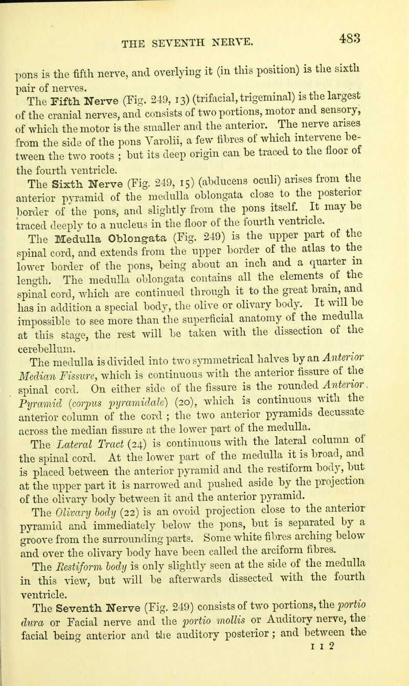 THE SEVENTH NERVE. pons is the fifth nerve, and overlying it (in this position) is the sixth pair of nerves. The Fifth Nerve (Fig. 249, 13) (trifacial, trigeminal) is the largest of the cranial nerves, and consists of two portions, motor and sensory, of which the motor is the smaller and the anterior. The nerve arises from the side of the pons Varolii, a few fibres of which intervene be- tween the two roots ; but its deep origin can be traced to the noor 01 the fourth ventricle. The Sixth Nerve (Fig. 249, 15) (abducens oculi) arises from the anterior pyramid of the medulla oblongata close to the posterior border of the pons, and slightly from the pons itself. It may be traced deeply to a nucleus in the floor of the fourth ventricle. The Medulla Oblongata (Fig. 249) is the upper part of the spinal cord, and extends from the upper border of the atlas to the lower border of the pons, being about an inch and a quarter m length. The medulla oblongata contains all the elements of the spinal cord, which are continued through it to the great brain, and has in addition a special body, the olive or olivary body. It will be impossible to see more than the superficial anatomy of the medulla at this stage, the rest will be taken with the dissection of the cerebellum. The medulla is divided into two symmetrical halves by an Anterior Median Fissure, which is continuous with the anterior fissure of the spinal cord. On either side of the fissure is the rounded Anterior. Pyramid (corpus pyramidale) (20), which is continuous with the anterior column of the cord ; the two anterior pyramids decussate across the median fissure at the lower part of the medulla. The Lateral Tract (24) is continuous with the lateral column of the spinal cord. At the lower part of the medulla it is broad, and is placed between the anterior pyramid and the restiform body, but at the upper part it is narrowed and pushed aside by the projection of the olivary body between it and the anterior pyramid. The Olivary body (22) is an ovoid projection close to the anterior pyramid and immediately below the pons, but is separated by a groove from the surrounding parts. Some white fibres arching below and over the olivary body have been called the arciform fibres. The Restiform body is only slightly seen at the side of the medulla in this view, but will be afterwards dissected with the fourth ventricle. The Seventh Nerve (Fig. 249) consists of two portions, the portio dura or Facial nerve and the portio mollis or Auditory nerve, the facial being anterior and the auditory posterior; and between the I 1 2