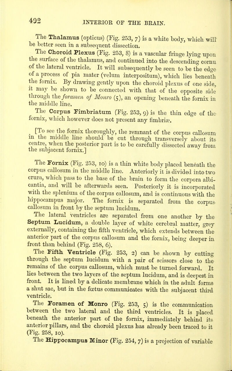 The Thalamus (opticus) (Fig. 253, 7) is a white body, which wilf be better seen in a subsequent dissection. The Choroid Plexus (Fig. 253, 8) is a vascular fringe lying upon the surface of the thalamus, and continued into the descending cornu of the lateral ventricle. It will subsequently be seen to be the edge of a process of pia mater (velum interpositum), which lies beneath the fornix. By drawing gently upon the choroid plexus of one side,, it may be shown to be connected with that of the opposite side through the foramen of Monro (5), an opening beneath the fornix in the middle line. The Corpus Fimbriatum (Fig. 253, 9) is the thin edge of the fornix, which however does not present any fimbria?. m [To see the fornix thoroughly, the remnant of the corpus callosum m the middle line should be cut through transversely about its- centre, when the posterior part is to be carefully dissected awav from the subjacent fornix.] The Fornix (Fig. 253, to) is a thin white body placed beneath the corpus callosum in the middle line. Anteriorly it is divided into two crura, which pass to the base of the brain to form the corpora albi- cantia, and will be afterwards seen. Posteriorly it is incorporated with the splenium of the corpus callosum, and is continuous with the hippocampus major. The fornix is separated from the corpus- callosum in front by the septum lucidum. The lateral ventricles are separated from one another by the Septum Lucidum, a double layer of white cerebral matter, grey externally, containing the fifth ventricle, which extends between the anterior part of the corpus callosum and the fornix, being deeper in front than behind (Fig. 258, 6). The Fifth Ventricle (Fig. 253, 2) can be shown by cutting through the septum lucidum with a pair of scissors close to the- remains of the corpus callosum, which must be turned forward. It lies between the two layers of the septum lucidum, and is deepest in front. It is lined by a delicate membrane which in the adult forms a shut sac, but in the foetus communicates with the subjacent third ventricle. The Foramen of Monro (Fig. 253, 5) is the communication between the two lateral and the third ventricles. It is placed beneath the anterior part of the fornix, immediately behind its anterior pillars, and the choroid plexus has already been traced to it (Fig. 258, 10). The Hippocampus Minor (Fig. 254, 7) is a projection of variable