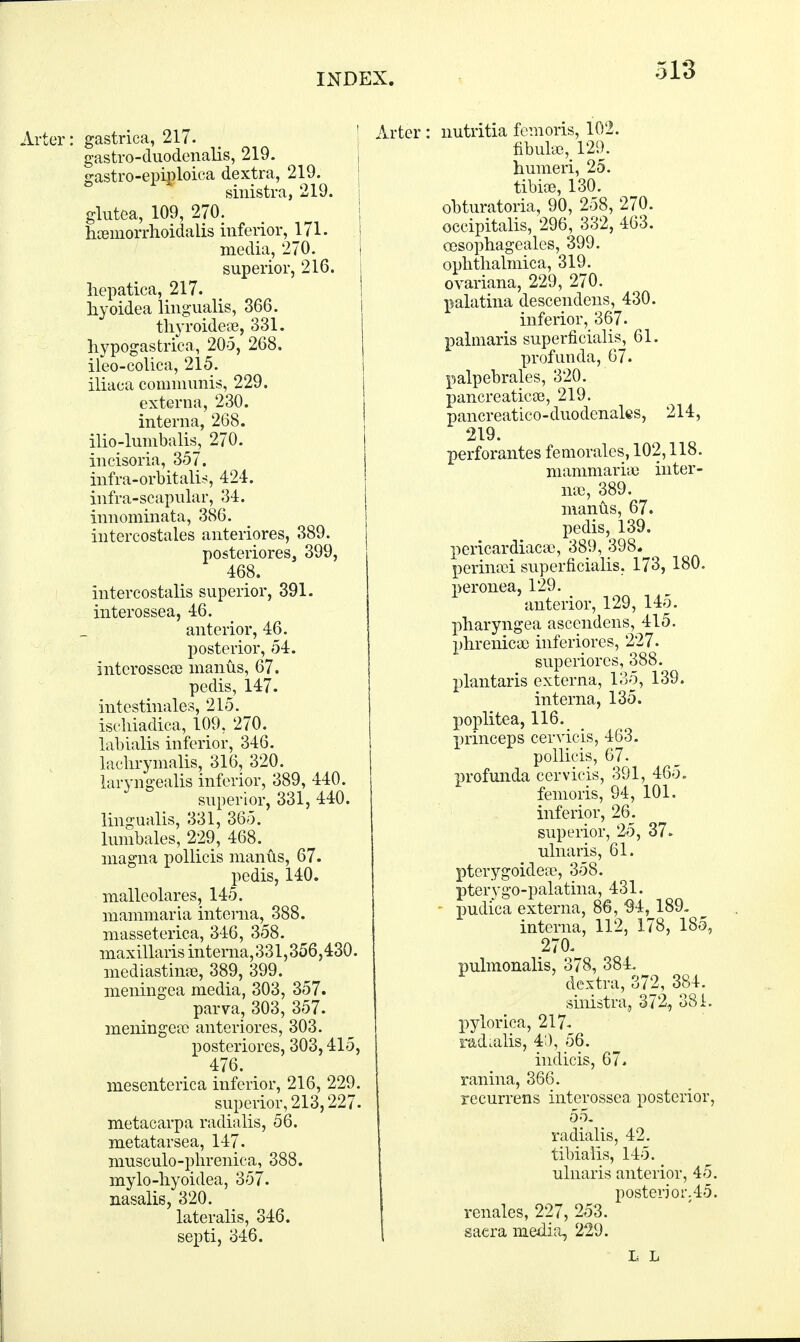 'ter: gastrica, 217. gastro-duodenalis, 219. gastro-epiploica dextra, 219. sinistra, 219. glutea, 109, 270. hcemorrhoidalis inferior, 171. media, 270. liepatica, 217. hyoidea lingualis, 366. thyroideae, 331. hypogastric a, 205, 268. ileo-colica, 215. iliaca communis, 229. externa, 230. ilio-lumbalis, 270. infra-orbitalis, 424. infra-scapular, 34. innominata, 386. intercostales anteriores, 389. posteriores3 399, 468. intercostalis superior, 391. interossea, 46. interossea) manus, 67. pedis, 147. intestinales, 215. isehiadica, 109, 270. lachrymalis, 316, 320. laryngealis inferior, 389, 440. superior, 331, 440. lumbales, 229, 468. magna pollicis manus, 67. pedis, 140. malleolares, 145. mammaria interna, 388. masseterica, 346, 358. maxillaris interna, 331,356,430. mediastinal 389, 399. meningea media, 303, 357. parva, 303, 357. meningea) anteriores, 303. posteriores, 303,415, 476. mesenterica inferior, 216, 229. superior, 213,227- metacarpa radialis, 56. metatarsea, 147. musculo-phrenica, 388. mylo-liyoidea, 357. nasalis, 320. lateralis, 346. septi, 346. nutritia femoris, 102. obturatoria, 90, 258, 270. occipitalis, 296, 332, 463. cesophageales, 399. ovariana, 229, 270. palatum descendens, 430. inferior, 367. palmaris superficial, 61. profunda, 67. palpebrales, 320. pancreatic®, 219. pancreatico-duodenales, 214, 219. perforantes femorales, 102,118. mammaria? inter- na), 389. manus, 67. pericardiac*, 389, 398. perinsei superficialis. 173, 180. peronea, 129. anterior, 129, 145. pharyngea ascendens, 415. phrenica) inferiores, 227. superiores, 388. plantaris externa, 135, 139. interna, 135. poplitea, 116. princeps cervicis, 463. pollicis, 67. profunda cervicis, 391, 465. femoris, 94, 101. superior, 25, 37. ulnaris, 61. pterygoidea), 358. pterygo-palatina, 431. pudica externa, 86, 94, 189. interna, 112, 178, 185, 270. pulmonalis, 378, 384. dextra, 372, 384. sinistra, 372, 381. pylorica, 217- radialis, 40, 56. indicis, 67. ranina, 366. recurrens interossea posterior, 55. radialis, 42. tibialis, 145. ulnaris anterior, 45. posterior.45. renales, 227, 253. saera media, 229. L L Arter: