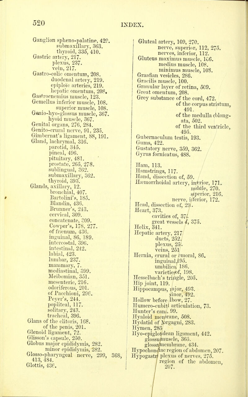 Ganglion sphenopalatine, 429. submaxillary, 363. thyroid, 335, 410. Gastric artery, 217. plexus, 237. vein, 217. Gastro-colic omentum, 208. duodenal artery, 219. epiploic arteries, 219. hepatic omentum, 208. Gastrocnemius muscle, 123. Gemellus inferior muscle, 108. superior muscle, 108. Gauio-hyo-glossus muscle, 367. hyoici muscle, 367. Genital organs, 276, 284. Genito-crural nerve, 91, 235. Gimbernat's ligament, 88,191. Gland, lachrymal, 316. parotid, 345. pineal, 496. pituitary, 481. prostate, 265, 278. sublingual, 362. submaxillary, 362. thyroid, 393. Glands, axillary, 12. bronchial, 407- Bartolini's, 185. Blandin, 436. Brunner's, 243. cervical, 309. concatenate, 309. Cowper's, 178, 277. of fnenum, 436. inguinal, 86, 189. intercostal, 396. intestinal, 242. labial, 423. lumbar, 237. mammary, 7. mediastinal, 399. Meibomian, 351. mesenteric, 216. odoriferous, 201. of Pacchioni, 296. Peyer's, 244. popliteal, 117. solitary, 243. tracheal, 396. Glans of the clitoris, 168. of the penis, 201. Glenoid ligament, 72. Glisson's capsule, 250. Globus major epididymis, 282. minor epididymis, 282. Glossopharyngeal nerve, 299, 368, 413, 484. ' Glottis, 436. j Gluteal artery, 109, 270. nerve, superior, 112, 275. nerves, inferior, 112. Gluteus maximus muscle, 1C6. medius muscle, 108. minimus muscle, 108. Graafian vesicles, 286. Gracilis muscle, 100. Granular layer of retina, 509. Great omentum, 208. Grey substance of the cord, 472. of the corpus striatum,, 491. of the medulla oblong- ata, 502. of the third ventricle, 495. Gubemaculum testis, 193. Gums, 422. Gustatory nerve, 359, 362. Gyrus fornicatus, 488. Ham, 113. Hamstrings, 117. Hand, dissection of, 59. Hemorrhoidal artery, inferior, 17L ltf'ddle, 270. superior, 216. nerve, inferior, 172. Head, dissection of, 2ft'. Heart, 373. cavities of, 37f great vessels <f, 375. Helix, 341. Hepatic artery, 217/ ducts, 252./ plexus, 25/. veins, 251/ Hernia, crural or pmoral, 86. ingumali.95. umbilical 186. varietiegof, 198. Hesselbach's triigle, 205. Hip joint, 119. / > Hippocampus, i/ajor, 493. iinor, 492. Hollow before /lbow, 27. Humero-cubiti articulation, 73. Hunter's cam, 99. Hyaloid men/rane, 508. Hydatid of ^rgagni, 283. Hymen, 285/ Hyo-epiglot/dean ligament, 442. glossuinuscle, 365. glossapembrane, 434. Hypochonoiac region of abdomen, 207. Hypogastri plexus of nerves, 275. / region of the abdomen, 207.