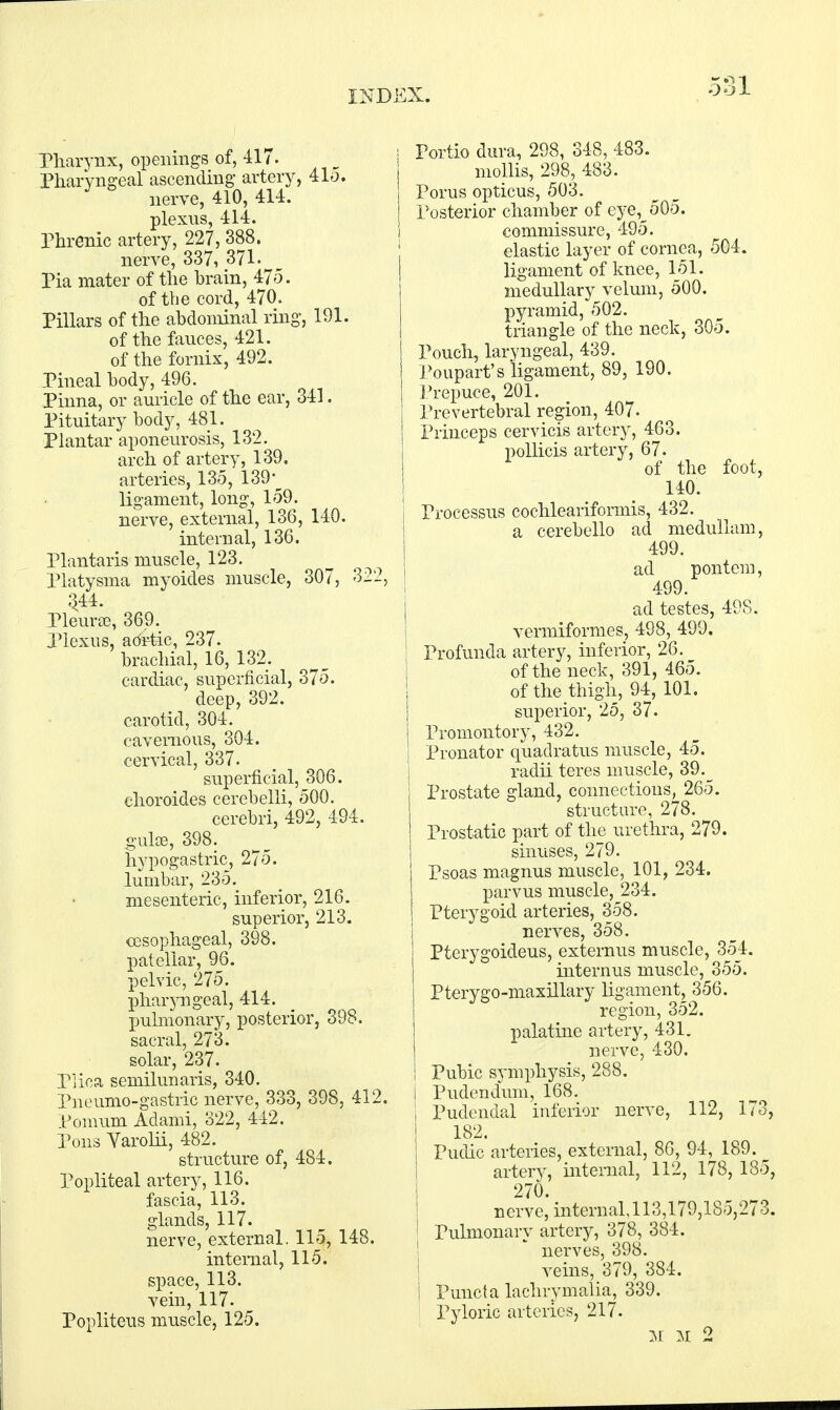 Pharynx, openings of, 417. Pharyngeal ascending artery, 41o. nerve, 410, 414. plexus, 414. Phrenic artery, 227, 388. nerve, 337, 371. Pia mater of the brain, 475. of the cord, 470. Pillars of the abdominal ring, 191. of the fauces, 421. of the fornix, 492. Pineal body, 496. Pinna, or auricle of the ear, 341. Pituitary body, 481. Plantar aponeurosis, 132. arch of artery, 139. arteries, 135, 139'^ ligament, long, 159. nerve, external, 136, 140. internal, 136. Plantaris muscle, 123. Platysma myoides muscle, 307, 322, 344. Pleura), 369. Plexus, adrtic, 237. brachial, 16, 132. cardiac, superficial, 375. deep, 392. carotid, 304. cavernous, 304. cervical, 337. superficial, 306. choroides cerebelli, 500. cerebri, 492, 494. guise, 398. hypogastric, 275. lumbar, 235. mesenteric, inferior, 216. superior, 213. oesophageal, 398. patellar, 96. pelvic, 275. pharyngeal, 414. pulmonary, posterior, 398. sacral, 273. solar, 237. Plica semilunaris, 340. Pneumo-gastric nerve, 333, 398, 412. Pomum Adami, 322, 442. Pons Varolii, 482. structure of, 484. Popliteal artery, 116. fascia, 113. glands, 117. nerve, external. 115, 148. internal, 115. space, 113. vein, 117. Popliteus muscle, 125. Portio dura, 298, 348, 483. mollis, 298, 483. Porus opticus, 503. Posterior chamber of eye^oOo. commissure, 495. elastic layer of cornea, 504. ligament of knee, 151. medullary velum, 500. pyramid, 502. triangle of the neck, 305. Pouch, laryngeal, 439. Potipart's ligament, 89, 190. Prepuce, 201. Prevertebral region, 407. Princeps cervicis artery, 463. pollicis artery, 67. of the foot, 140. Processus cochleariformis, 432. a cerebello ad medullam, 499. ad pontem, 499. ad testes, 498. vermiformes, 498, 499. Profunda artery, inferior, 26. of the neck, 391, 465. of the thigh, 94, 101. superior, 25, 37. Promontory, 432. Pronator quaclratus muscle, 45. radii teres muscle, 39._ Prostate gland, connections, 265. structure, 278. Prostatic part of the urethra, 279. sinuses, 279. Psoas magnus muscle, 101, 234. parvus muscle, 234. Pterygoid arteries, 358. nerves, 358. Pterygoideus, externus muscle, 354. internus muscle, 355. Pterygo-maxillary ligament, 356. region, 352. palatine artery, 431. nerve, 430. Pubic symphysis, 288. Pudendum, 168. Pudendal inferior nerve, 112, 173 182. Pudic arteries, external, 8G, 94, 189. artery, internal, 112, 178, 185 270. nerve, internal, 113,179,185,273 ! Pulmonary artery, 378, 384. nerves, 398. veins, 379, 384. i Puncta lachrymalia, 339. ! Pyloric arteries, 217. M M 2