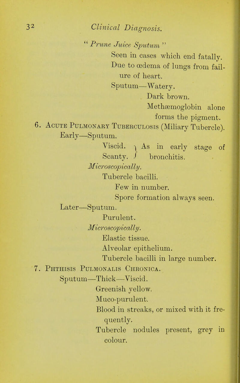 Prune Juice Sputum  Seen in cases which end fatally. Due to oedema of lungs from fail- ure of heart. Sputum—Watery. Dark brown. Methsemoglobin alone forms the pigment. 6. Acute Pulmonary Tuberculosis (MiHary Tubercle). Early—Sputum. Later—Sputum. Purulent. Microscopically. Elastic tissue. Alveolar epithelium. Tubercle bacilli in large number. 7. Phthisis Pulmonalis Chronica. Sputum—Thick—Viscid. Greenish yellow. Muco-purulent. Blood in streaks, or mixed with it fre- quently. Tubercle nodules present, grey in colour. Microscopically. Tubercle bacilli. Few in number. Spore formation always seen.