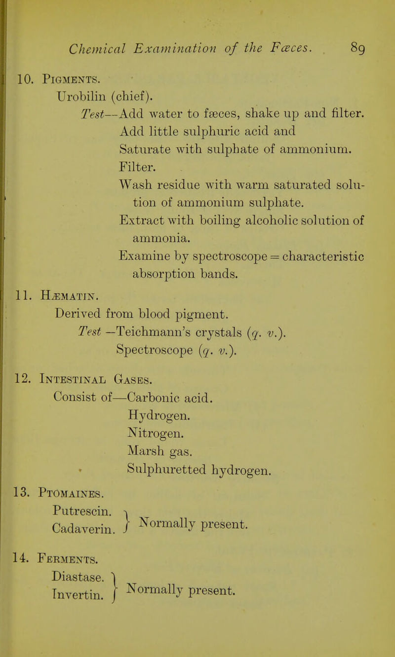 10. Pigments. Urobilin (chief). Test—Add water to fseces, shake up and filter. Add little sulphuric acid and Saturate with sulphate of ammonium. Filter. Wash residue with warm saturated solu- tion of ammonium sulphate. Extract with boiling alcoholic solution of ammonia. Examine by spectroscope = characteristic absorption bands. 11. H^MATIN. Derived from blood pigment. Test —Teichmann's crystals ((^. f.). Spectroscope ((7. v.\ 12. Intestinal Gases. Consist of—Carbonic acid. Hydrogen. Nitrogen. Marsh gas. Sulphuretted hydrogen. 14. Ferments. Tnvertin. f Nominally present.
