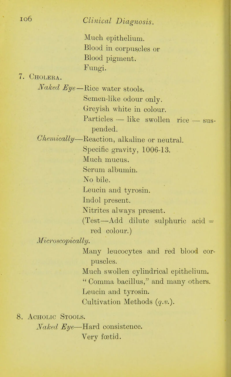io6 Much epithelium. Blood in corpuscles or Blood pigment. Fungi. 7. Cholera. leaked Eye—Rioe water stools. Semen-like odour only. Greyish white in colour. Particles — like swollen rice — sus- pended. Chemically—Reaction, alkaline or neutral. Specific gravity, 1006-13. Much mucus. Serum albumin. No bile. Leucin and tyrosin. Indol present. Nitrites always present. (Test—Add dilute sulphuric acid = red colour.) Microscopically. Many leucocytes and red blood cor- puscles. Much swollen cylindrical epithelium.  Comma bacillus, and many others. Leucin and tyrosin. Cultivation Methods (q.v.). 8. Acholic Stools. Naked Eye—Hard consistence. Very foetid.