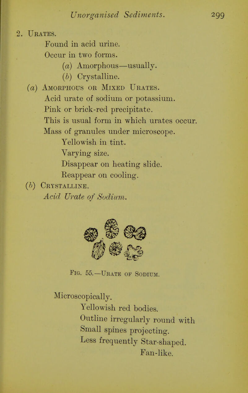 2. Urates. Found in acid urine. Occur in two forms. (a) Amorphous—usually. {b) Crystalline. (a) Amorphous or Mixed Urates. Acid urate of sodium or potassium. Pink or brick-red precipitate. This is usual form in which urates occur. Mass of granules under microscope. Yellowish in tint. Varying size. Disappear on heating slide. Eeappear on cooling. (/;) Crystalline. Acid Urate of Sodium. Fig. 55.—Urate of Sodium. Microscopically. Yellowish red bodies. Outline irregularly round with Small spines projecting. Less frequently Star-shaped. Fan-like.