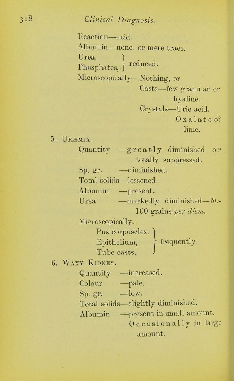 reduced. Beaction—acid. Albumin—none, or mere trace. Urea, Phosphates, Microscopically—Nothing, or Casts—few granular or hytiline. Crystals—Uric acid. Oxalate of lime. Uremia. Quantity —greatly diminished or totally suppressed. Sp. gr. —diminished. Total solids—lessened. Albumin —present. Urea —markedly diminished—5U- 100 grains ^er diem. Microscopically. Pus corpuscles, I Epithelium, | frequently. Tube casts, J Waxy Kidney. Quantity —increased. Colour —pale. Sp. gr. —low. Total solids—slightly diminished. Albumin —present in small amount. Occasionally in large amount.