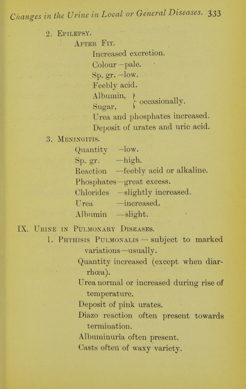 2. Epilepsy. After Fit. Increased excretion. Colour —pale. Sp. gr. —low. Feebly acid. Albumin, ) . n r occasionally. Sugar, \ Urea and phosphates increased. Deposit of urates and uric acid. 3. Meningitis. Quantity —low. Sp. gr. —high. Reaction —feebly acid or alkaline. Phosphates—great excess. Chlorides —slightly increased. Urea —increased. Albumin —slight. IX. Urine in Pulmonary Diseases. 1. Phthisis Pulmonalis — subject to marked variations—usually. Quantity increased (except when diar- rhoea). Urea normal or increased during rise of temperature. Deposit of pink urates. Diazo reaction often present towards termination. Albuminuria often present. Casts often of waxy variety.