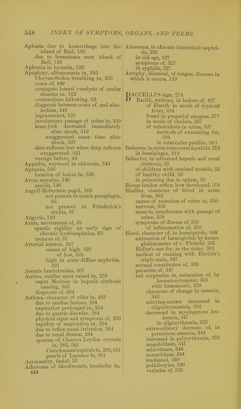 Aphasia due to hemorrhage into the' island of Reil, 126 due to hfematoma near island of Keil, 128 Aphonia in hysteria, 523 Apoplexy, albumosuria in, 385 Cheyne-Stokes breathing in, 255 coma of, 449 conjugate lateral paralysis of ocular muscles in, 162 contractions following, 62 diagnosis between coma of, and alco- holism, 449 ingravescent, 125 involuntary passage of urine in, 359 knee-jerk decreased immediately after shock, 519 exaggerated some time after shock, 521 skin-reflexes lost when deep reflexes exaggerated, 521 vertigo before, 44 Appetite, wayward in chlorosis, 344 Apraxia, 526 location of lesion in, 526 Arcus annulus, 146 senilis, 146 Argyll-Eobertson pupil, 166 not present in ataxic paraplegia, 83 not present in Friedreich's ataxia, 81 Argyria, 190 Arms, movements of, 59 spastic rigidity an early sign of chronic hydrocephalus, 63 tremors of, 67 Arterial tension, 3^:7 causes of high, 328 of low, 328 high in acute difilise nephritis, 391 Ascaris lumbricoides, 407 Ascites, cardiac apex raised in, 258 caput INIedusaj in hepatic cirrhosis causing, 305 diagnosis of, 304 Asthma, character of rales in, 283 due to cardiac lesions, 284 expiration prolonged in, 254 due to gastric disorder, 284 physical signs and symptoms of, 283 rapidity of respiration in, 254 due to reflex nasal irritation, 284 due to renal disease, 284 sputum of, Charcot Ley den crystals in, 283, 501 Curschmann'sspiralsin, 283,501 pearls of Laennec in, 501 Asymmetry, facial, 33 Atheroma of bloodvessels, headache in, 444 Atheroma, in chronic interstitial neiDhri- tis, 392 in old age, 327 symptoms of, 327 in syphilis, 327 Atrophy, bilateral, of tongue, diseases in which it occurs, 139 BACCELLI'S sign, 274 Bacilli, anthrax, in lesions of, 427 of Eberth in stools of typhoid fever, 414 found in preputial smegma, 377 in stools of cholera, 397 of tuberculosis in urine, 397 methods of examining for, 504 in tubercular pyelitis, 393 Bedsores, in acute transverse myelitis. 212 in hemiplegia, 212 Behavior, in advanced hepatic and renal cirrhosis, 20 of children with cerebral trouble, 23 of healthy child, 23 in poisoning due to opium, 20 Biceps tendon reflex, how developed, 519 Bladder, character of blood in urine from, 362 causes of retention of urine in, 356 nervous, 359 stone in, interference with passage of urine, 359 symptoms of disease of, 355 of inflammation of, 358 Blood, character of, in htemoptysis, 500 estimation of haemoglobin by hfemo- globinometer of v. Fleischl, 341 Heller's test for, in the urine. 362 method of staining with Ehrlich's triple stain, 347 normal constitution of, 333 parasites of, 347 red corpuscles in, estimation of, by hffimatocytometer, 336 witli hsematocrit, 338 character of change in anaemia, 343 coloring-matter decreased in oligochromoemia, 334 decreased in myelogenous leu- kremia, 347 in oligocythaemia, 333 extraordinary decrease of, in pernicious nna?mia, 343 increased in polycythemia, 333 megaloblasts, 341 microblasts, 344 normoblasts, 344 nucleated, 340 poikilocytes, 340 varieties of, 333