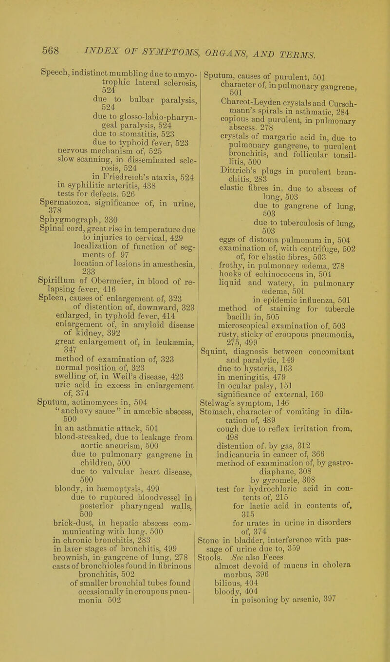 Speech, indistinct mumbling due to amyo- trophic lateral sclerosis, 524 due to bulbar paralysis, 524 due to glosso-labio-pharyn- geal paralysis, 524 due to stomatitis, 523 due to typhoid fever, 523 nervous mechanism of, 525 slow scanning, in disseminated scle- rosis, 524 in Friedreich's ataxia, 524 in syphilitic arteritis, 438 tests for defects, 52G Spermatozoa, significance of, in urine, 378 Sphygmograph, 330 Spinal cord, great rise in temperature due to injuries to cervical, 429 localization of function of seg- ments of 97 location of lesions in anaesthesia, 233 Spirillum of Obermeier, in blood of re- lapsing fever, 416 Spleen, causes of enlargement of, 323 of distention of, downward, 323 enlarged, in typhoid fever, 414 enlargement of, in amyloid disease of kidney, 392 great enlargement of, in leukaemia, 347 method of examination of, 323 normal position of, 323 swelling of, in Weil's disease, 423 uric acid in excess in enlargement of, 374 Sputum, actinomyces in, 504  anchovy sauce  in amoebic abscess, 500 in an asthmatic attack, 501 blood-streaked, due to leakage from aortic aneurism, 500 due to pulmonary gangrene in children, 500 due to valvular heart disease, 500 bloody, in hfemoptysis, 499 due to ruptured bloodvessel in posterior pharyngeal walls, 500 brick-dust, in hepatic abscess com- municating with lung. 500 in chronic bronchitis, 283 in later stages of bronchitis, 499 brownish, in gangrene of lung, 278 casts of bronchioles found in fibrinous bronchitis, 502 of smaller bronchial tubes found occasionally in croupous pneu- monia 502 Sputum, causes of purulent, 501 character of, in pulmonary gangrene, 501 Charcot^Leyden crystals and Cursch- mann's spirals in asthmatic, 284 copious and purulent, in pulmonary abscess. 278 crystals of margaric acid in, due to pulmonary gangrene, to purulent bronchitis, and follicular tonsil- litis, 500 Dittrich's plugs in purulent bron- chitis, 283 elastic fibi-es in, due to abscess of lung, 503 due to gangrene of lung, 503 . ^' due to tuberculosis of lung, 503 ^' eggs of distoma pulmonum in, 504 examination of, with centrifuge, 502 of, for elastic fibres, 503 frothy, in pulmonary oedema, 278 hooks of echinococcus in, 504 liquid and watery, in pulmonary (jedema, 501 in epidemic influenza, 501 method of staining for tubercle bacilli in, 505 microscopical examination of, 503 rusty, stickv of croupous pneumonia, 275, 499' Squint, diagnosis between concomitant and paralytic, 149 due to hj'steria, 163 in meningitis, 479 in ocular palsy, 151 significance of external, 160 Stelwag's symptom, 146 Stomach, character of vomiting in dila- tation of, 489 cough due to reflex irritation from, 498 _ distention of. by gas, 312 indicanuria in cancer of, 366 method of examination of, by gastro- diaphane, 308 by gyromele, 308 test for hydrochloric acid in con- tents of, 215 for lactic acid in contents of, 315 for urates in urine in disorders of, 374 Stone in bladder, interference with pas- sage of urine due to, 359 Stools. See also Feces almost devoid of mucus in cholera morbus, 396 bilious, 404 bloody, 404 in poisoning by arsenic, 397