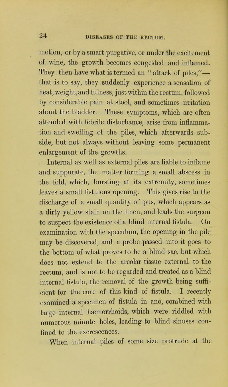 motion, or by a smart piirgative, or under the excitement of wine, the growth becomes congested and inflamed. They then have what is termed an attack of piles,— that is to say, they suddenly experience a sensation of heat, weight, and fulness, just within the rectum, followed by considerable pain at stool, and sometimes irritation about the bladder. These symptoms, which are often attended with febrile disturbance, arise from inflamma- tion and swelling of the piles, which afterwards sub- side, but not always without leaving some permanent enlargement of the growths. Internal as well as external piles are liable to inflame and suppurate, the matter forming a small abscess in the fold, which, bursting at its extremity, sometimes leaves a small fistulous opening. This gives rise to the discharge of a small quantity of pus, which appears as a dirty yellow stain on the linen, and leads the sm'geon to suspect the existence of a bhnd internal fistula. On examination with the speculum, the opening in the pile may be discovered, and a probe passed into it goes to the bottom of what proves to be a blind sac, but which does not extend to the areolar tissue external to the rectum, and is not to be regarded and treated as a blind internal fistula, the removal of the growth being suffi- cient for the cure of this kind of fistula. I recently examined a specimen of fistula in ano, combined vrith large internal haemorrhoids, which were riddled with numerous minute holes, leading to blind sinuses con- fined to the excrescences. When internal piles of some size protrude at the