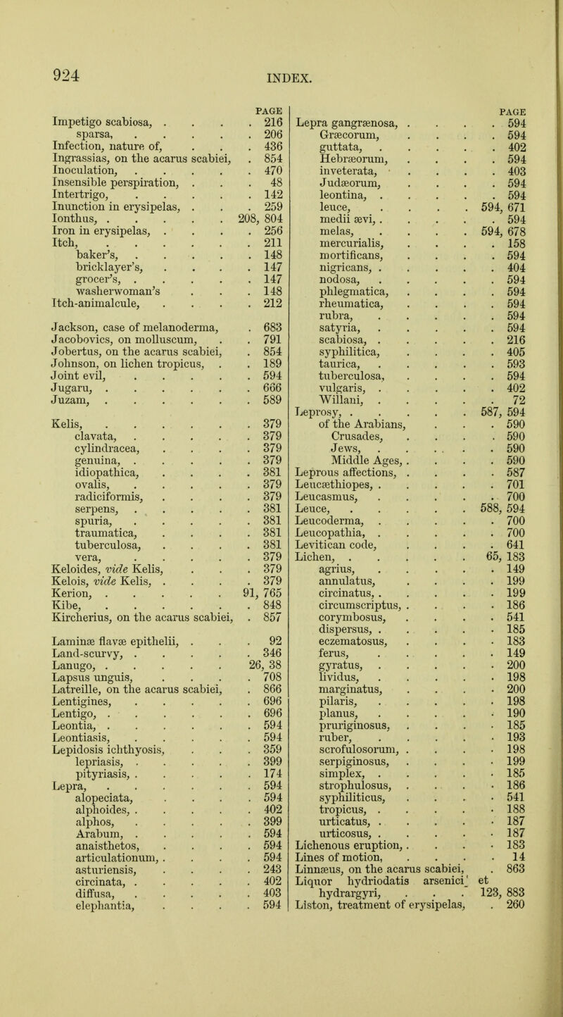 PAGE Impetigo scabiosa, . . . .216 sparsa, 206 Infection, nature of, ... 436 Ingrassias, on the acarus scabiei, . 854 Inoculation, 470 Insensible perspiration, ... 48 Intertrigo, 142 Inunction in erysipelas, . . . 259 Ionthus, 208, 804 Iron in erysipelas, .... 256 Itch, 211 baker's, . . . .148 bricklayer's, . . . .147 grocer's, 147 washerwoman's . . .148 Itch-animalcule, .... 212 Jackson, case of melanoderma, . 683 Jacobovics, on molluscum, . . 791 Jobertus, on the acarus scabiei, . 854 Johnson, on lichen tropicus, . . 189 Joint evil, 594 Jugaru, 666 Juzam, 589 Kelis, 379 clavata, 379 cylindracea, .... 379 genuina, 379 idiopathica, .... 381 ovalis, 379 radiciformis, .... 379 serpens, 381 spuria, 381 traumatica, .... 381 tuberculosa, .... 381 vera, 379 Keloides, vide Kelis, . . . 379 Kelois, vide Kelis, .... 379 Kerion, 91, 765 Kibe, 848 Kircherius, on the acarus scabiei, . 857 Laminse flavse epithelii, ... 92 Land-scurvy, ..... 346 Lanugo, 26, 38 Lapsus unguis, .... 708 Latreille, on the acarus scabiei, . 866 Lentigines, 696 Lentigo, . ■ 696 Leontia, 594 Leontiasis, 594 Lepidosis ichthyosis, . . . 359 lepriasis, 399 pityriasis, 174 Lepra, 594 alopeciata, .... 594 alphoides, 402 alphos, 399 Arabum, 594 anaisthetos, .... 594 articulationum, .... 594 asturiensis, .... 243 circinata, 402 diffusa, 403 elephantia, .... 594 PAGE Lepra gangrenosa, .... 594 Grgecorum, .... 594 guttata, . . . . . 402 Hebrseorum, .... 594 inveterata, .... 403 Judaeorum, .... 594 leontina, 594 leuce, .... 594, 671 medii sevi, 594 melas, .... 594, 678 mercurialis, .... 158 mortificans, .... 594 nigricans, 404 nodosa, 594 phlegmatica, .... 594 rheumatica, .... 594 rubra, 594 satyria, 594 scabiosa, 216 syphilitica, .... 405 taurica, 593 tuberculosa, .... 594 vulgaris, 402 Willani, 72 Leprosy, 587, 594 of the Arabians, . . . 590 Crusades, .... 590 Jews, 590 Middle Ages, . . . .590 Leprous affections, .... 587 Leucaethiopes, 701 Leucasmus, 700 Leuce, 588, 594 Leucoderma, 700 Leucopathia, 700 Levitican code, .... 641 Lichen, 65, 183 agrius, 149 annulatus, .... 199 circinatus, 199 circumscriptus, .... 186 corymbosus, .... 541 dispersus, . . . . . 185 eczematosus, .... 183 ferus, . . . . . 149 gyratus, 200 lividus, 198 marginatus, .... 200 pilaris, 198 planus, ..... 190 pruriginosus, . . . -185 ruber, ..... 193 scrofulosorum, . . . .198 serpiginosus, .... 199 simplex, . . . . -185 strophulosus, . .. . .186 syphiliticus, .... 541 tropicus, . . . . .188 urticatus, . . . . • 187 urticosus, 187 Lichenous eruption,.... 183 Lines of motion, . . . .14 Linngeus, on the acarus scabiei, . 863 Liquor hvdriodatis arsenici' et hydrargyri, . . .* 123, 883 Liston, treatment of erysipelas, . 260