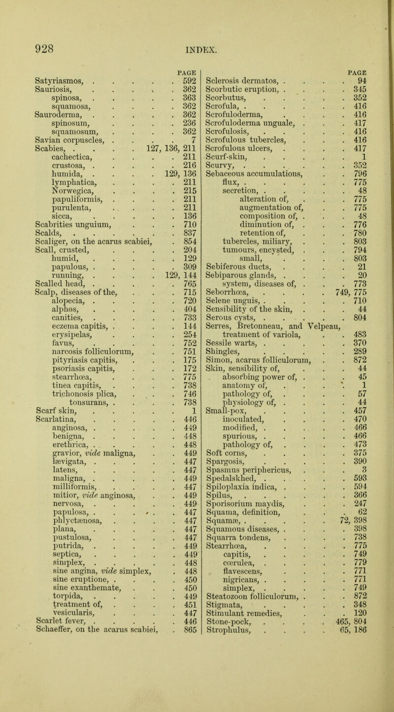 PAGE Satyriasmos, 592 Sauriosis, ..... 362 spinosa, 363 squamosa, .... 362 Sauroderma, 362 spinosum, .... 236 squamosum, .... 362 Savian corpuscles, .... 7 Scabies, .... 127, 136, 211 cachectica, . . . .211 crustosa, 216 humida, .... 129, 136 lymphatica, . . . .211 Norwegica, . . . .215 papuliformis, . . . .211 purulenta, . . . . 211 sicca, 136 Scabrities unguium, . . . 710 Scalds, 837 Scaliger, on the acarus scabiei, . 854 Scall, crusted, . . . .204 humid, 129 papulous, 309 running, .... 129, 144 Scalled head, 765 Scalp, diseases of the, . . . 715 alopecia, 720 alphos, 404 canities, 733 eczema capitis, . . . .144 erysipelas, .... 254 favus, 752 narcosis folliculorum, . . 751 pityriasis capitis, . . . 175 psoriasis capitis, . . .172 stearrhoea, .... 775 tinea capitis, .... 738 trichonosis plica, . . . 746 tonsurans, . . . .738 Scarf skin, 1 Scarlatina, 446 anginosa, 449 benigna, 448 erethrica, . . . . . 448 gravior, vide maligna, . . 449 laevigata, 447 latens, 447 maligna, 449 milliformis, . . . . 447 mitior, vide anginosa, . . 449 nervosa, . . . . . 449 papulosa, . . . * . . 447 phlyctamosa, .... 447 plana, 447 pustulosa, .... 447 putrida, 449 septica, 449 simplex, 448 sine angina, vide simplex, . 448 sine eruptione, .... 450 sine exanthemate, . . .450 torpida, 449 treatment of, . . . 451 vesicularis, .... 447 Scarlet fever, 446 Schaeffer, on the acarus scabiei, . 865 PAGE Sclerosis dermatos, .... 94 Scorbutic eruption, .... 345 Scorbutus, 352 Scrofula, 416 Scrofuloderma, .... 416 Scrofuloderma unguale, . . . 417 Scrofulosis, 416 Scrofulous tubercles, . . . 416 Scrofulous ulcers, . . . .417 Scurf-skin, 1 Scurvy, 352 Sebaceous accumulations, . . 796 flux, 775 secretion, 48 alteration of, . . . 775 augmentation of, . . 775 composition of, . . . 48 diminution of, . . . 776 retention of, . . . 780 tubercles, miliary, . . . 803 tumours, encvsted, . . . 794 small, . . . .803 Sebiferous ducts, .... 21 Sebiparous glands, .... 20 system, diseases of, . . . 773 Seborrhoea, .... 749, 775 Selene unguis, 710 Sensibility of the skin, ... 44 Serous cysts, 804 Serres, Bretonneau, and Velpeau, treatment of variola, . . 483 Sessile warts, 370 Shingles, 289 Simon, acarus folliculorum, . . 872 Skin, sensibility of, ... 44 absorbing power of, . . . 45 anatomy of, 1 pathology of, . . .57 physiology of, . . . .44 Small-pox, 457 inoculated, .... 470 modified, ..... 466 spurious, 466 pathology of, . . . 473 Soft corns, . . . . . 375 Spargosis, 390 Spasmus periphericus, ... 3 Spedalskhed, 593 Spiloplaxia indica, .... 594 Spilus, 366 Sporisorium maydis, . . . 247 Squama, definition, ... 62 Squamre, 72, 398 Squamous diseases, .... 398 Squarra tondens, .... 738 Stearrhoea, 775 capitis, 749 ccerulea, 779 flavescens, . . .. . 771 nigricans, 771 simplex, 749 Steatozoon folliculorum, . . . 872 Stigmata, 348 Stimulant remedies, . . . 120 Stone-pock, .... 465, 804 Strophulus, . . . . 65, 186