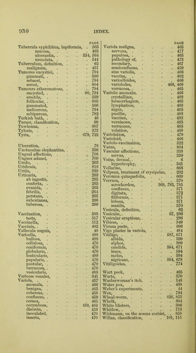 PAGE Tubercula syphilitica, lupiformia, . 565 mucosa, .... 463 ulcerantia, . . . 554, 564 urceolata, .... 544 Tuberculum, definition, ... 62 malignum, . . . .431 Tumores encystici, .... 794 gummati, 566 sebacei, 794 serosi, 804 Tumours atheromatous, . . . 794 encysted, .... 90, 794 erectile, 339 follicular, 803 gummated, .... 566 melicerous, .... 794 sebiparous, . ... 782 Turkish bath, 46 Turner, classification, ... 99 Tuwhenna, 607 Tylosis, 373 Tyria, 679, 722 Ulceration, 78 Unctuositas elephantina, . . . 596 Ungual affections, .... 708 Ungues adunci, .... 709 Uredo, 263 Uridrosis, 818 Uritis, 839 Urticaria, 263 ab ingestis, .... 265 conferta, 265 evanida, ..... 265 febrilis, 264 perstans, 265 subcutanea, .... 266 tuberosa, 266 Vaccination, 503 tests, 517 Vaccinella, 512 Vaccinia, ...... 492 Vallecula unguis, .... 40 Varicella, 488 bullosa, 488 cellulosa, . . . . . 470 coniformis, .... 470 globularis, 470 lenticularis, .... 488 papularis, 470 pustular, ........ 470 verrucosa, 470 vesicularis, .... 488 Varicose venules, .... 341 Variola, 457 anomala, . 466 benigna, 465 coherens, 458 confluens, 459 cornea, 465 corymbosa, . . . 459, 464 discreta, 459 inoculated, .... 470 inserta, 470 PAGE Variola maligna, . 465 nervous, . . 477 papulosa, . pathology of, . 465 . 473 secondary, . 467 semiconfluens, . . 459 sine variolis, . 466 vaccina, . 492 varicelloides, . 466 variolodes, . 466, 469 verrucosa, . . 465 Variolse anomalse, . 466 crystalline, . 488 haemorrhagicse, . . 465 lymphaticse, .- 488 nigra, . 465 pusillse, . 488 vaccinae, . . 492 verninosge, . 465 verrucosa, . 465 volaticae, . . 488 Variolation, . 470 Varioloid, . 466 Variolo-vaccination, . 522 Varus, .... . 804 Vascular affections, . . 338 ngevus, . 339 Veins, dermal,. 6 hypertrophy, . 341 Vellarine, . 668 Velpeau, treatment of erysipel as, . 262 Veronica quinquefolia, . 669 Verruca, * . 370 acrochordon, . . 3 59, 783, 785 confluens, . . 371 digitata, . . 372 filiformis, . . 371 lobosa, . 371 sessilis, . 370 Vesicula, definition, . 62 Vesiculae,.... . 67, 286 Vesicular eruptions,. . 286 Vibices, .... . 349 Vienna paste, . . 896 Vigo plaster in variola, . . 484 Vitiligo, .... . 587, 671 albida, . 399 alphos, . 399 Candida, . . 594, 671 leuce, . 594 melas, . . . 594 nigricans, . . 594, 678 Vitiligoidea, . 774 Wart pock, . 465 Warts, .... . 370 Washerwoman's itch, 145 Water pox, Weber's experiments, . 488 . 44 Wen, .... . 794 Wheal-worm, . 826, 853 Whelk, .... . 804 White blisters, . 306 Whitlow, .... . 713 Wichmann, on the acarus scab] ei, . 858 Willan, classification, 101, 115