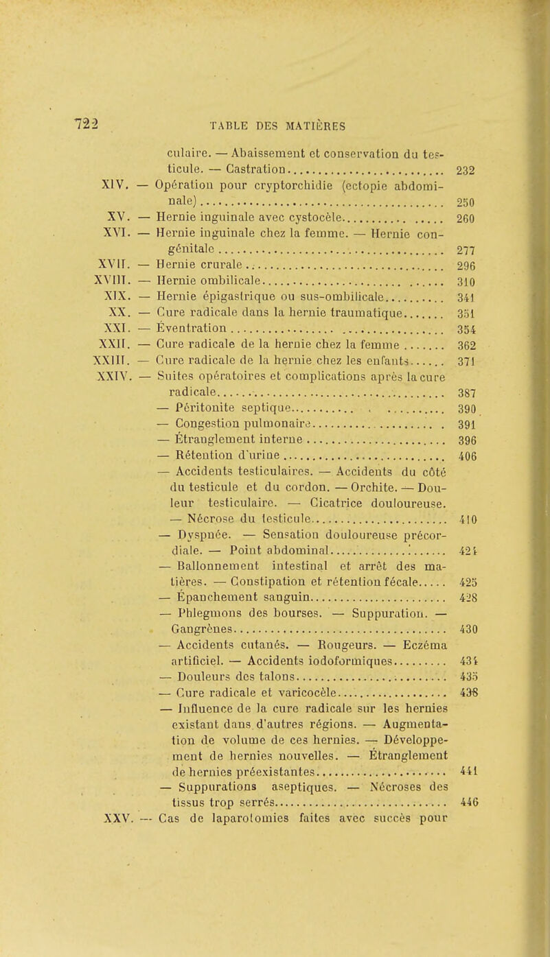 culaire. —Abaissement et conservation du tes- ticule.— Castration 232 XIV. — Opération pour cryptorchidie (ectopie abdomi- nale) 250 XV. — Hernie inguinale avec cystocèle 260 XVI. — Hernie inguinale chez la femme. — Hernie con- génitale 277 XVII. — Hernie crurale.. 296 XV11T. — Hernie ombilicale 310 MX. — Hernie épigaslrique ou sus-ombilicale 34) XX. — Cure radicale dans la hernie traumatique 351 XXI. — Éventration 354 XXH. — Cure radicale de la hernie chez la femme 362 XXIII. — Cure radicale de la hernie chez les enfants 371 XXIV. — Suites opératoires et complications après la cure radicale 387 — Péritonite septique . 390 — Congestion pulmonaire 391 — Étranglement interne 396 — Rétention d'urine 406 — Accidents tesliculaires. — Accidents du côté du testicule et du cordon. — Orchite. — Dou- leur testiculairo. — Cicatrice douloureuse. — Nécrose du testicule 410 — Dyspnée. — Sensation douloureuse précor- diale.— Point abdominal ! 424 — Ballonnement intestinal et arrêt des ma- tières. — Constipation et rétention fécale 425 — Épanchement sanguin 428 — Phlegmons des bourses. — Suppuration. — Gangrènes 430 — Accidents cutanés. — Rougeurs. — Eczéma artificiel. — Accidents iodoformiques 434 — Douleurs des talons 435 — Cure radicale et varicocèle 436 — Influence de la cure radicale sur les hernies existant dans d'autres régions. — Augmenta- tion de volume de ces hernies. — Développe- ment de hernies nouvelles. — Étranglement de hernies préexistantes 441 — Suppurations aseptiques. — Nécroses des tissus trop serrés 446 XXV. — Cas de laparotomies faites avec succès pour