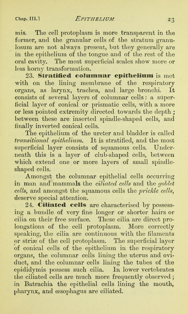 mis. The cell protoplasm is more transparent in the former, and the granular cells of the stratum granu- losum are not always present, but they generally are in the epithelium of the tongue and of the rest of the oral cavity. The most superficial scales show more or less horny transformation. 23. Stratified coliiismar epitlieliuni is met with on the lining membrane of the respiratory organs, as larynx, trachea, and large bronchi. It consists of several layers of columnar cells : a super- ficial layer of conical or prismatic cells, with a more or less pointed extremity directed towards the depth ; between these are inserted spindle-shaped cells, and finally inverted conical cells. The epithelium of the ureter and bladder is called transitional epithelium. It is stratified, and the most superficial layer consists of squamous cells. Under- neath this is a layer of club-shaped cells, between which extend one or more layers of small spindle- shaped cells. Amongst the columnar epithelial cells occurring in man and mammals the ciliated cells and the gohlet cells, and amongst the squamous cells the prickle cells, deserve special attention. 24. Ciliated cells are characterised by possess- ing a bundle of very fine longer or shorter hairs or cilia on their free surface. These cilia are direct pro- longations of the cell protoplasm. More correctly speaking, the cilia are continuous with the filaments or striae of the cell protoplasm. The superficial layer of conical cells of the epithelium in the respiratory organs, the columnar cells lining the uterus and ovi- duct, and the columnar cells lining the tubes of the epididymis possess such cilia. In lower vertebrates the ciliated cells are much more frequently observed; in Batrachia the epithelial cells lining the mouth, pharynx, and oeso})hagus are ciliated.