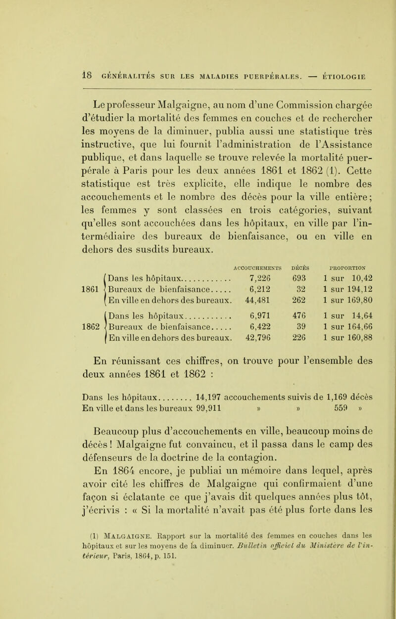 Le professeur Malgaigne, au nom d'une Commission chargée d'étudier la mortalité des femmes en couches et de rechercher les moyens de la diminuer, publia aussi une statistique très instructive, que lui fournit l'administration de l'Assistance publique, et dans laquelle se trouve relevée la mortalité puer- pérale à Paris pour les deux années 1861 et 1862 (1). Cette statistique est très explicite, elle indique le nombre des accouchements et le nombre des décès pour la ville entière ; les femmes y sont classées en trois catégories, suivant qu'elles sont accouchées dans les hôpitaux, en ville par l'in- termédiaire des bureaux de bienfaisance, ou en ville en dehors des susdits bureaux. ACCOUCHEMENTS DÉCÈS PROPORTION 7,226 693 1 sur 10,42 1861 Bureaux de bienfaisance 6,212 32 1 sur 194,12 En ville en dehors des bureaux. 44,481 262 1 sur 169,80 6,971 476 1 sur 14,64 1862 6,422 39 1 sur 164,66 ' En ville en dehors des bureaux. 42,796 226 1 sur 160,88 En réunissant ces chiffres, on trouve pour l'ensemble des deux années 1861 et 1862 : Dans les hôpitaux 14,197 accouchements suivis de 1,169 décès En ville et dans les bureaux 99,911 » » 559 » Beaucoup plus d'accouchements en ville, beaucoup moins de décès ! Malgaigne fut convaincu, et il passa dans le camp des défenseurs de la doctrine de la contagion. En 1864 encore, je publiai un mémoire dans lequel, après avoir cité les chiffres de Malgaigne qui confirmaient d'une façon si éclatante ce que j'avais dit quelques années plus tôt, j'écrivis : « Si la mortalité n'avait pas été plus forte dans les (1) Malgaigne. Rapport sur la mortalité des femmes en couches dans les hôpitaux et sur les moyens de la diminuer. Bulletin officiel du Ministère de l'in- térieur, Taris, 1804, p. 151.