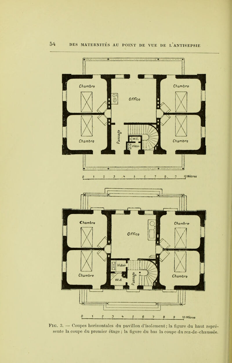 — Coupes horizontales du pavillon d'isolement; la figure du haut repré- la coupe du premier étage ; la ligure du bas la coupe du rez-de-chaussée.