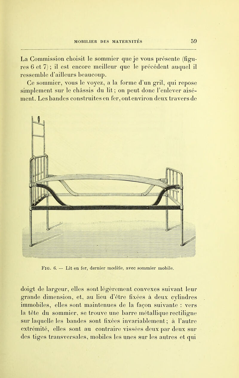 La Commission choisit le sommier que je vous présente (figu- res 6 et 7) ; il est encore meilleur que le précédent auquel il ressemble d'ailleurs beaucoup. Ce sommier, vous le voyez, a la forme d'un gril, qui repose simplement sur le châssis du lit ; on peut donc l'enlever aisé- ment. Les bandes construites en fer, ont environ deux travers de Fig. 6. — Lit en fer, dernier modèle, avec sommier mobile. doigt de largeur, elles sont légèrement convexes suivant leur grande dimension, et, au lieu d'être fixées à deux cylindres immobiles, elles sont maintenues de la façon suivante : vers la tête du sommier, se trouve une barre métallique rectiligne sur laquelle les bandes sont fixées invariablement ; à l'autre extrémité, elles sont au contraire vissées deux par deux sur des tiges transversales, mobiles les unes sur les autres et qui