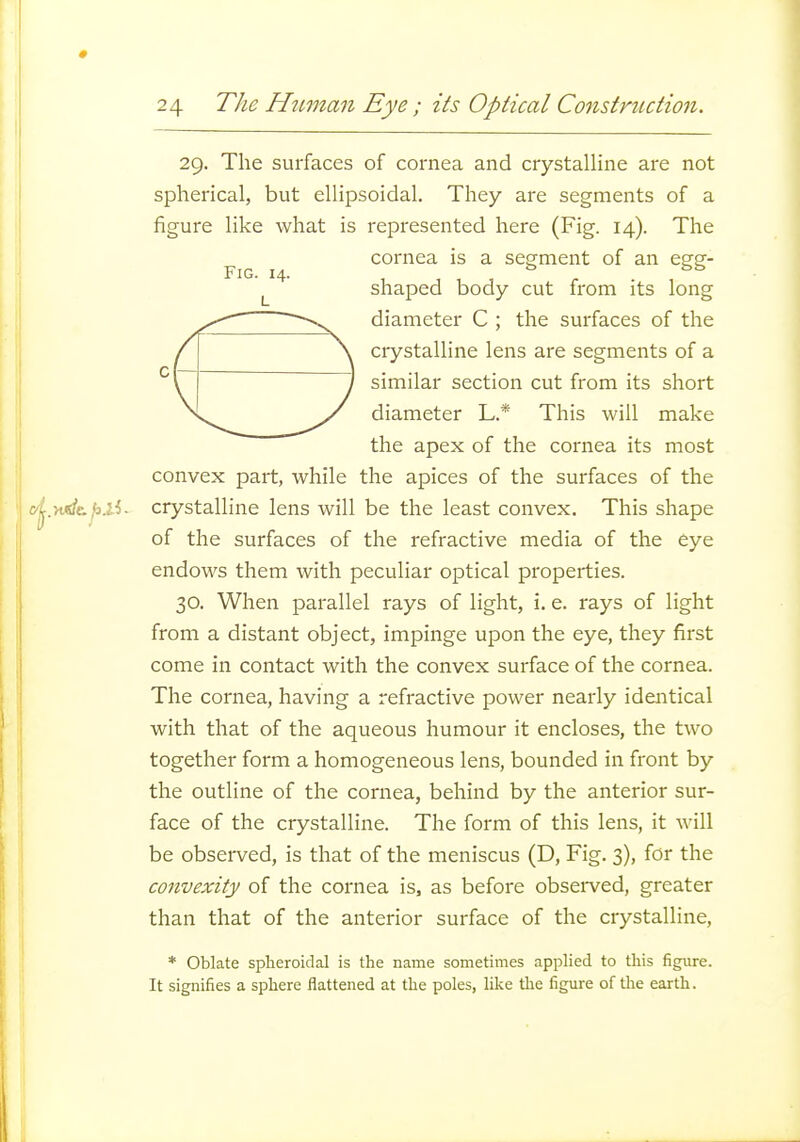 # 24 The HiLinan Eye; its Optical Constructio7i. 29. The surfaces of cornea and crystalline are not spherical, but ellipsoidal. They are segments of a figure like what is represented here (Fig. 14). The cornea is a segment of an eg'Sf- FiG. 14. ^ ^ shaped body cut from its long ©diameter C ; the surfaces of the crystalline lens are segments of a similar section cut from its short diameter L* This will make the apex of the cornea its most convex part, while the apices of the surfaces of the &j.H<fc.^.2.i- crystalline lens will be the least convex. This shape of the surfaces of the refractive media of the eye endows them with peculiar optical properties. 30. When parallel rays of light, i, e. rays of light from a distant object, impinge upon the eye, they first come in contact with the convex surface of the cornea. The cornea, having a refractive power nearly idaitical with that of the aqueous humour it encloses, the two together form a homogeneous lens, bounded in front by the outline of the cornea, behind by the anterior sur- face of the crystalline. The form of this lens, it will be observed, is that of the meniscus (D, Fig. 3), for the convexity of the cornea is, as before obsei'ved, greater than that of the anterior surface of the crystalline, * Oblate spheroidal is the name sometimes applied to this figure. It signifies a sphere flattened at the poles, like tlie figure of the earth.