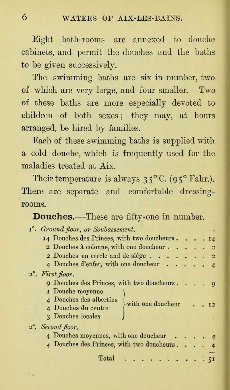 Eight bath-rooms are annexed to douche cabinets, and permit the douches and the baths to be given successively. The swimming baths are six in number, two of which are very large, and four smaller. Two of these baths are more especially devoted to children of both sexes; they may, at hours arranged, be hired by families. Each of these swimming baths is supplied with a cold douche, which is frequently used for the maladies treated at Aix. Their temperature is always 35°C. (95°rahr.). There are separate and comfortable dressing- rooms. Douches.—Tliese are fifty-one in number. I**. Ground floor, or Souhassement. 14 Douches des Princes, with two doucheurs .... 14 2 Douches a colonne, with one doucheur 2 2 Douches en cei'cle and de siege 2 4 Douches d'enfer, with one doucheur 4 2°. First floor. 9 Douches des Princes, with two doucheurs .... 9 I Douche moyenue 4 Douches des albertins 4 Douches du centre 3 Douclies locales 2°. Second floor. 4 Douches moyennes, with one doucheur .... 4 4 Douches des Princes, with two doucheurs .... 4 Total . ... 51 with one doucheur . .12