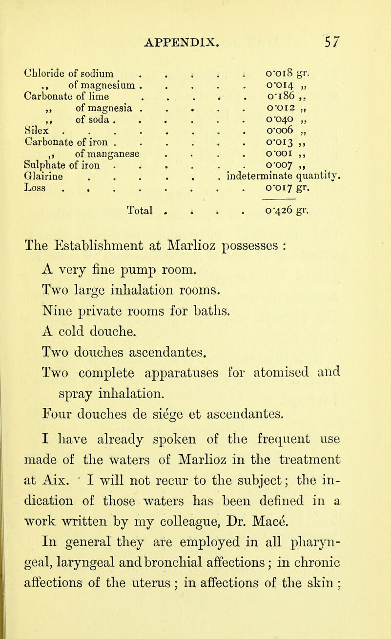 Chloride of sodium o*oi8 gr. of magnesium ..... 0*014 Carbonate of lime o'i86 of magnesia oOi2 of soda 0*040 „ Silex o'oo6 „ Carbonate of iron 0*013 of manganese . . . . 0*001 Sulphate of iron 0*007 ,, Glairine indeterminate quantity. Loss 0*017 gr. Total .... 0*426 gr. The Establishment at Marlioz possesses : A very fine pump room. Two large inhalation rooms. Kine private rooms for baths. A cold douche. Two douches ascendantes. Two complete apparatuses for atomised and spray inhalation. Four douches de siege et ascendantes. I have already spoken of the frequent use made of the waters of Marlioz in the treatment at Aix. ' I will not recur to the subject; the in- dication of those waters has been defined in a work written by my colleague, Dr. Mace. In general they are employed in all pharyn- geal, laryngeal and bronchial affections; in chronic affections of the uterus; in affections of the skin;