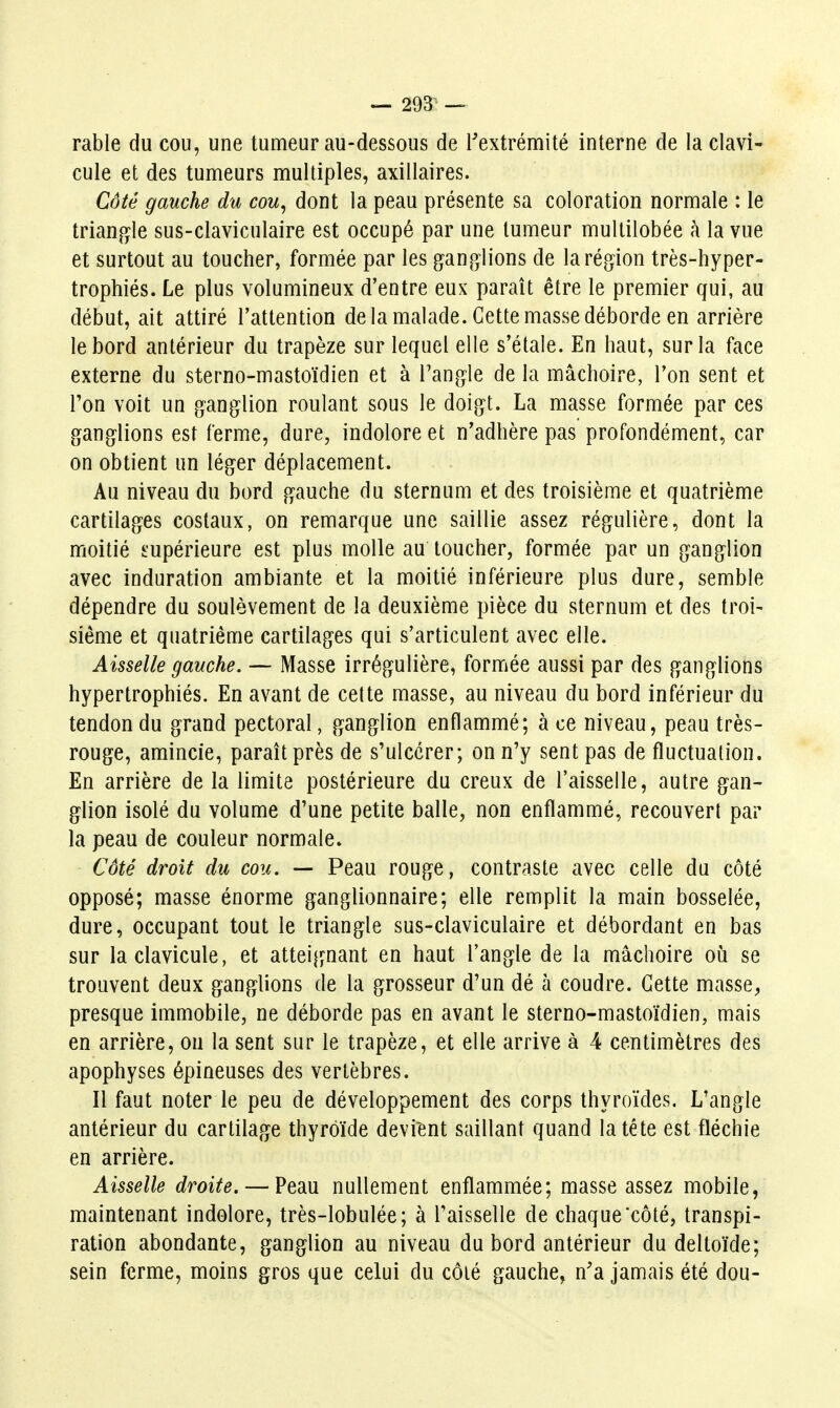 rable du cou, une tumeur au-dessous de Textrémité interne de la clavi- cule et des tumeurs multiples, axillaires. Côté gauche du cou, dont la peau présente sa coloration normale : le triangle sus-claviculaire est occupé par une tumeur multilobée à la vue et surtout au toucher, formée par les ganglions de la région très-iiyper- trophiés. Le plus volumineux d'entre eux paraît être le premier qui, au début, ait attiré l'attention delà malade. Cette masse déborde en arrière le bord antérieur du trapèze sur lequel elle s'étale. En haut, sur la face externe du sterno-mastoïdien et à Fangle de la mâchoire, l'on sent et l'on voit un ganglion roulant sous le doigt. La masse formée par ces ganglions est ferme, dure, indolore et n'adhère pas profondément, car on obtient un léger déplacement. Au niveau du bord gauche du sternum et des troisième et quatrième cartilages costaux, on remarque une saillie assez régulière, dont la moitié s'upérieure est plus molle au toucher, formée par un ganglion avec induration ambiante et la moitié inférieure plus dure, semble dépendre du soulèvement de la deuxième pièce du sternum et des troi- siême et quatrième cartilages qui s'articulent avec elle. Aisselle gauche. — Masse irrégulière, formée aussi par des ganglions hypertrophiés. En avant de cette masse, au niveau du bord inférieur du tendon du grand pectoral, ganglion enflammé; à ce niveau, peau très- rouge, amincie, paraît près de s'ulcérer; on n'y sent pas de fluctuation. En arrière de la limite postérieure du creux de l'aisselle, autre gan- glion isolé du volume d'une petite balle, non enflammé, recouvert par la peau de couleur normale. Côté droit du cou. — Peau rouge, contraste avec celle du côté opposé; masse énorme ganglionnaire; elle remplit la main bosselée, dure, occupant tout le triangle sus-claviculaire et débordant en bas sur la clavicule, et atteignant en haut l'angle de la mâchoire où se trouvent deux ganglions de la grosseur d'un dé à coudre. Cette masse, presque immobile, ne déborde pas en avant le sterno-mastoïdien, mais en arrière, on la sent sur le trapèze, et elle arrive à 4 centimètres des apophyses épineuses des vertèbres. Il faut noter le peu de développement des corps thyroïdes. L'angle antérieur du cartilage thyroïde devient saillant quand latéte est fléchie en arrière. Aisselle droite. — Peau nullement enflammée; masse assez mobile, maintenant indolore, très-lobulée; à l'aisselle de chaque côté, transpi- ration abondante, ganglion au niveau du bord antérieur du deltoïde; sein ferme, moins gros que celui du côié gauche, n'a jamais été dou-