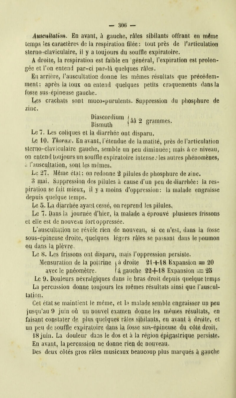 Auscultation. En avant, à gauche, râles sibilants offrant en même temps îes caractères de la respiration filée : tout près de Tarticulation sterno-claviculaire, il y a toujours du souffle expiratoire. A droite, la respiration est faible en général, l'expiration est prolon- gée et l'on entend par-ci par-là quelques râles. Eu arrière, l'auscultation donne les mêmes résultats que précédem- ment: après la toux on entend quelques petits craquements dans la fosse sus-épineuse gauche. Les crachats sont muco-puruleuts. Suppression du phosphure de zinc. Diascordium i Bismuth («'^ 2 grammes. Le 7. Les coliques et la diarrhée ont disparu. Le 10. Thorax, En avant, Tétendue de la matilé, près de l'articulation sterno-claviculaire gauche, semble un peu diminuée; mais à ce niveau, on entend toujours un souffle expiratoire intense/les autres phénomènes, il l'auscultation, sont les mêmes. Le 27. Même état: on redonne 2 pilules de phosphure de zinc. 8 mai. Suppression des pilules à cause d'un peu de diarrhée: la res- piration se fait mieux, il y a moins d'oppression: la malade engraisse depuis quelque temps. Le 5. La diarrhée ayant cessé, on reprend les pilules. Le 7. Oans la journée d'hier, la malade a éprouvé plusieurs frissons et elle est de nouveau fort oppressée. L'auscultation ne révèle rien de nouveau, si ce n'est, dans la fosse sous-épineuse droite, quelques légers râles se passant dans le poumon ou dans la plèvre, Le 8. Les frissons ont disparu, mais l'oppression persiste. Mensuration de la poitrine j à droite 21-1-18 Expansion = 20 avec le pnéomètre. là gauche 22-|-18 Expansion 1= 25 Le 9. Douleurs névralgiques dans îe bras droit depuis quelque temps La percussion donne toujours les mêmes résultats ainsi que l'auscul- tation. Cet état se maintient le même, et h. malade semble engraisser un peu jusqu'au 9 juin où un nouvel examen donne les mêmes résultats, en faisant constater de plus quelques râles sibilants, en avant à droite, et un peu de souffle expiratoire dans la fosse sus-épineuse du côté droit. 18 juin. La douleur dans le dos et à la région épigastrique persiste* En avant, la percussion ne donne rien de nouveau. Des deux côtés gros râles musicaux beaucoup plus marqués à gauche â