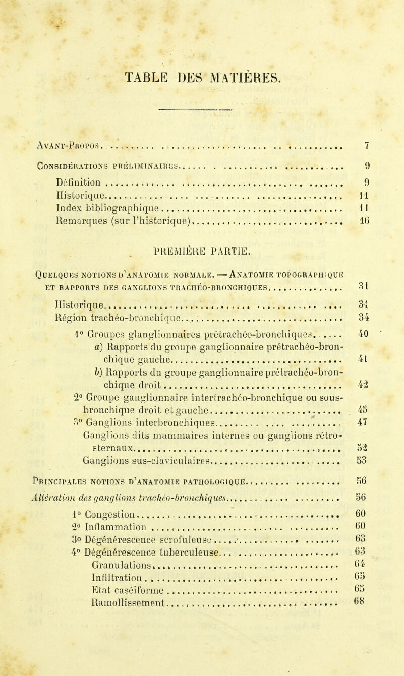 TABLE DES MATIÈRES. Avant-Propus Considérations préltmlxaires. .,, , Dérinition Historique Index bibliographique Remarques (sur l'historique). , , PREMIÈRE PARTIE. Quelques notionsd'anatomie normale. —Anatomie topographique ET rapports des GANGLIONS TRACHÉO-BRONCHIQUES Historique : .... Région trachéû-broiichique... ; 1° Groupes glanglionnaires prétrachéo-broiichiqucs. ..... a) Rapports du groupe ganglionnaire prétrachéo-bron- chique gauche h) Rapports du groupe ganglionnaire prétrachéo-bron- cbique droit , 2° Groupe ganglionnaire interîrachôo-bronchique ou sous- bronchique droit et gauche .^) Ganglions interbronchiques Ganglions dits manimaircs internes ou ganglions rétro- sternaux , ,.... Ganglions sus-claviculaircs Principales notions d'anatomir pathologique Àlté>'atioii des ganglions trachéo-hronehiques 1° Congestion ^2*5 Inflammation 3o Dégénérescence scrofuleuse 4° Dégénérescence tuberculeuse Granulations».. * Infiltration ». Etat caséiforme Ramollissement,...,