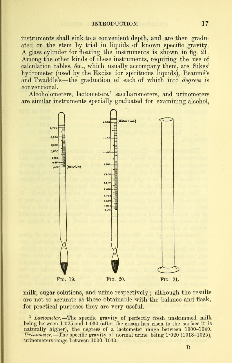 instruments shall sink to a convenient depth, and are then gradu- ated on the stem by trial in liquids of known specific gravity. A glass cylinder for floating the instruments is shown in fig. 21. Among the other kinds of these instruments, requiring the use of calculation tables, &c., which usually accompany them, are Sikes' hydrometer (used by the Excise for spirituous liquids), Beaume's and Twaddle's—the graduation of each of which into degrees is conventional. Alcoholometers, lactometers,^ saccharometers, and urinometers are similar instruments specially graduated for examining alcohol, Fig. 19. Fig. 20. Fig. 21. milk, sugar solutions, and urine respectively; although the results are not so accurate as those obtainable with the balance and flask, for practical purposes they are very useful. ^ Lactometer.—The specific gravity of perfectly fresh unskimmed milk being between 1*025 and 1-030 (after the cream has risen to the surface it is naturally higher), the degrees of a lactometer range between 1000-1040. Urinometer.—The specific gravity of normal urine being 1*020 (1018-1025), urinometers range between 1000-1040. B