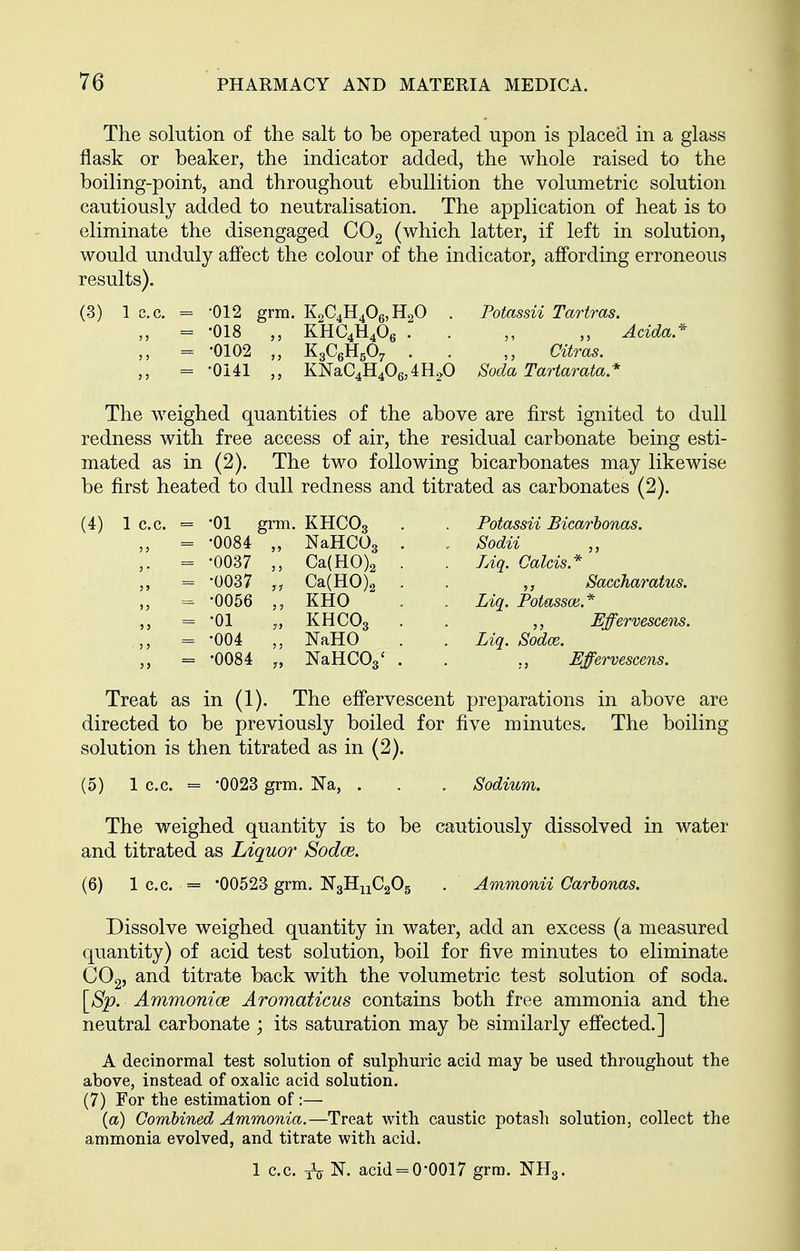 The solution of the salt to be operated upon is placed in a glass flask or beaker, the indicator added, the whole raised to the boiling-point, and throughout ebullition the volumetric solution cautiously added to neutralisation. The application of heat is to eliminate the disengaged COg (which latter, if left in solution, would unduly affect the colour of the indicator, affording erroneous results). (3) 1 c.c, = -012 grm. K2C4H406,H20 . Potassii Tartras. = -018 KHC4H4O6 . . Adda.'' = -0102 „ K3C6H5O7 . . Citras. = -0141 KNaC4H406,4H20 Soda Tartarata* The weighed quantities of the above are first ignited to dull redness with free access of air, the residual carbonate being esti- mated as in (2). The two following bicarbonates may likewise be first heated to dull redness and titrated as carbonates (2). (4) 1 c.c. = •01 grm. •0084 •0037 •0037 •0056 •01 •004 •0084 KHCO3 NaHCOg Ca(H0)2 Ca(H0)2 KHO KHCO3 NaHO NaHCOs' Potassii Bicarbonas. Sodii ,, Liq. Colds* Sacchamtus. Liq. Potassce.* ,, Effervescem. Liq. Sodoe. Effervescens. Treat as in (1). The effervescent preparations in above are directed to be previously boiled for five minutes. The boiling solution is then titrated as in (2). (5) 1 c.c. = ^0023 grm. Na, . . . Sodium. The weighed quantity is to be cautiously dissolved in water and titrated as Liquor Sodce. (6) 1 c.c. = '00523 grm. N3HijC20g . Ammonii Carhonas. Dissolve weighed quantity in water, add an excess (a measured quantity) of acid test solution, boil for five minutes to eliminate CO2, and titrate back with the volumetric test solution of soda. [*S^^. Ammonioe Aromaticus contains both free ammonia and the neutral carbonate ; its saturation may be similarly effected.] A decinormal test solution of sulphuric acid may be used throughout the above, instead of oxaUc acid solution. (7) For the estimation of :— (a) Combined Ammonia.—Treat with caustic potash solution, collect the ammonia evolved, and titrate with acid. 1 c.c. xV N. acid = 0^0017 grm. NH3.