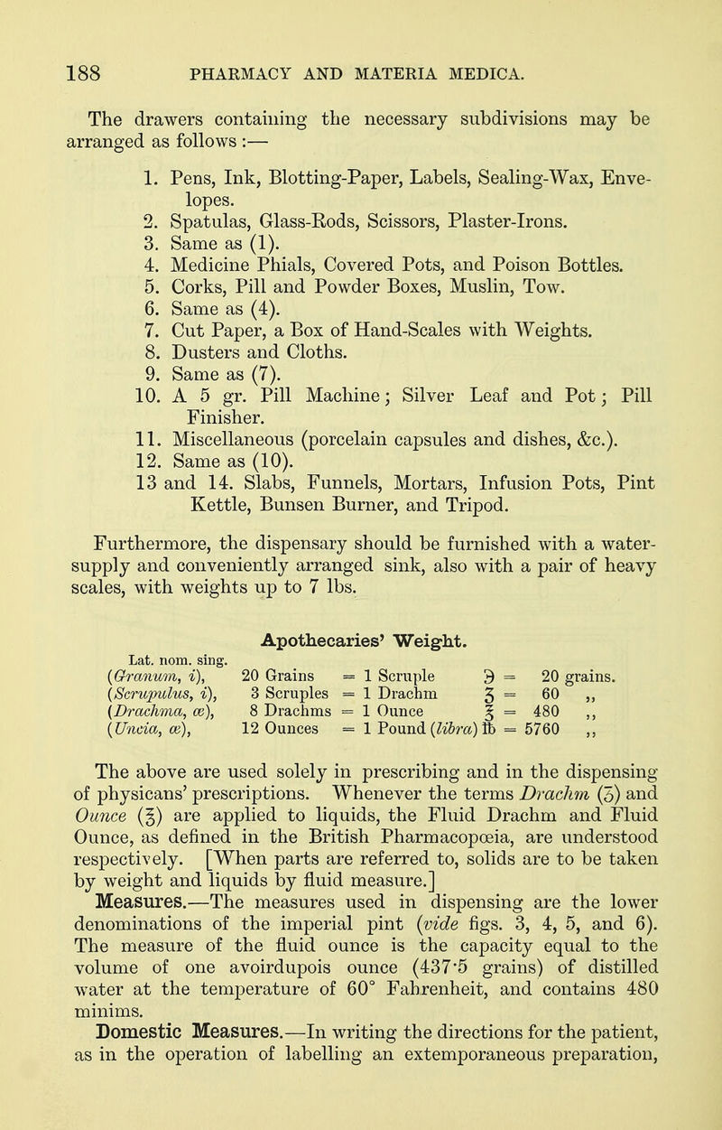 The drawers containing the necessary subdivisions may be arranged as follows :— 1. Pens, Ink, Blotting-Paper, Labels, Sealing-Wax, Enve- lopes. 2. Spatulas, Glass-Rods, Scissors, Plaster-Irons. 3. Same as (1). 4. Medicine Phials, Covered Pots, and Poison Bottles. 5. Corks, Pill and Powder Boxes, Muslin, Tow. 6. Same as (4). 7. Cut Paper, a Box of Hand-Scales with Weights. 8. Dusters and Cloths. 9. Same as (7). 10. A 5 gr. Pill Machine; Silver Leaf and Pot; Pill Finisher. 11. Miscellaneous (porcelain capsules and dishes, &c.). 12. Same as (10). 13 and 14. Slabs, Funnels, Mortars, Infusion Pots, Pint Kettle, Bunsen Burner, and Tripod. Furthermore, the dispensary should be furnished with a water- supply and conveniently arranged sink, also with a pair of heavy scales, with weights up to 7 lbs. Lat. nom. sing. {Granum, i), {Scrupulus, i), {Drachma, w), (Uncia, ce), Apothecaries' Weight. 20 Grains 3 Scruples 8 Drachms 12 Ounces = 1 Scruple 9 == = 1 Drachm 3 = = 1 Ounce § == = 1 Pound (libra) lb = 20 grains. 60 „ 480 „ 5760 The above are used solely in prescribing and in the dispensing of physicans' prescriptions. Whenever the terms DracJun (5) and Ounce (§) are applied to liquids, the Fluid Drachm and Fluid Ounce, as defined in the British Pharmacopceia, are understood respectively. [When parts are referred to, solids are to be taken by weight and liquids by fluid measure.] Measures.—The measures used in dispensing are the lower denominations of the imperial pint (vide figs. 3, 4, 5, and 6). The measure of the fluid ounce is the capacity equal to the volume of one avoirdupois ounce (437'5 grains) of distilled w^ater at the temperature of 60° Fahrenheit, and contains 480 minims. Domestic Measures.—In writing the directions for the patient, as in the operation of labelling an extemporaneous preparation.