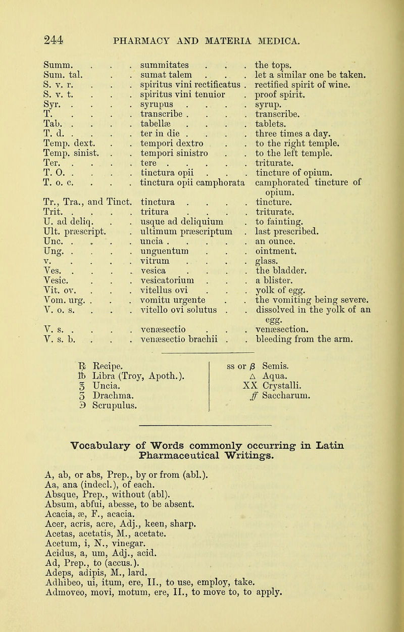Summ. summitates the tops. Sum. tal. sumat talem let a similar one be taken. S. V. r. spiritus vini rectificatus . rectified spirit of wine. S. V. t. spiritus vini tenuior proof spirit. Syr syrupus .... syrup. T transcribe .... transcribe. Tab tabellse .... tablets. T (1 ± . u.. . ter in die .... three times a day. Temp. dext. tempori dextro to the right temple. Temp, sinist. tempori sinistro to the left temple. Ter. .... tere triturate. T. 0 tinctura opii tincture of opium. T. 0. c. tinctura opii camphorata camphorated tincture of opium, tincture. Tr., Tra., and Tinct. tinctura . . . . Trit. . _ . tritura . . . . triturate. U. ad deliq. usque ad deliquium to fainting. Ult. prsescript. ultimum prsescriptum last prescribed. Unc. .... an ounce. Ung unguentum ointment. vitrum .... glass. Ves. . . '. . vesica . . . . the bladder. Vesic. vesicatorium a blister. Vit. ov. . vitellus ovi yolk of egg. Vom. urg. . vomitu urgente the vomiting being severe. V. 0. s. . vitello ovi solutus . dissolved in the yolk of an y. s vensesectio egg. vensesection. V. s. b. . . . vensesectio brachii . bleeding from the arm. 1^ Recipe. lb Libra (Troy, Apoth.). § Uncia. 5 Drachma. 3 Scrupulus. ss or j8 Semis. A Aqua. XX Crystalli. ff Saccharum. Vocabulary of Words commonly occurring in Latin Pharmaceutical Writings. A, ab, or abs, Prep., by or from (abl.). Aa, ana (indecl.), of each. Absque, Prep., without (abl). Absum, abfui, abesse, to be absent. Acacia, se, F., acacia. Acer, acris, acre, Adj., keen, sharp. Acetas, acetatis, M., acetate. Acetum, i, N., vinegar. Acidus, a, um, Adj., acid. Ad, Prep., to (accus.). Adeps, adipis, M., lard. Adhibeo, ui, itum, ere, II., to use, employ, take. Admoveo, mpvi, motum, ere, II., to move to, to apply.