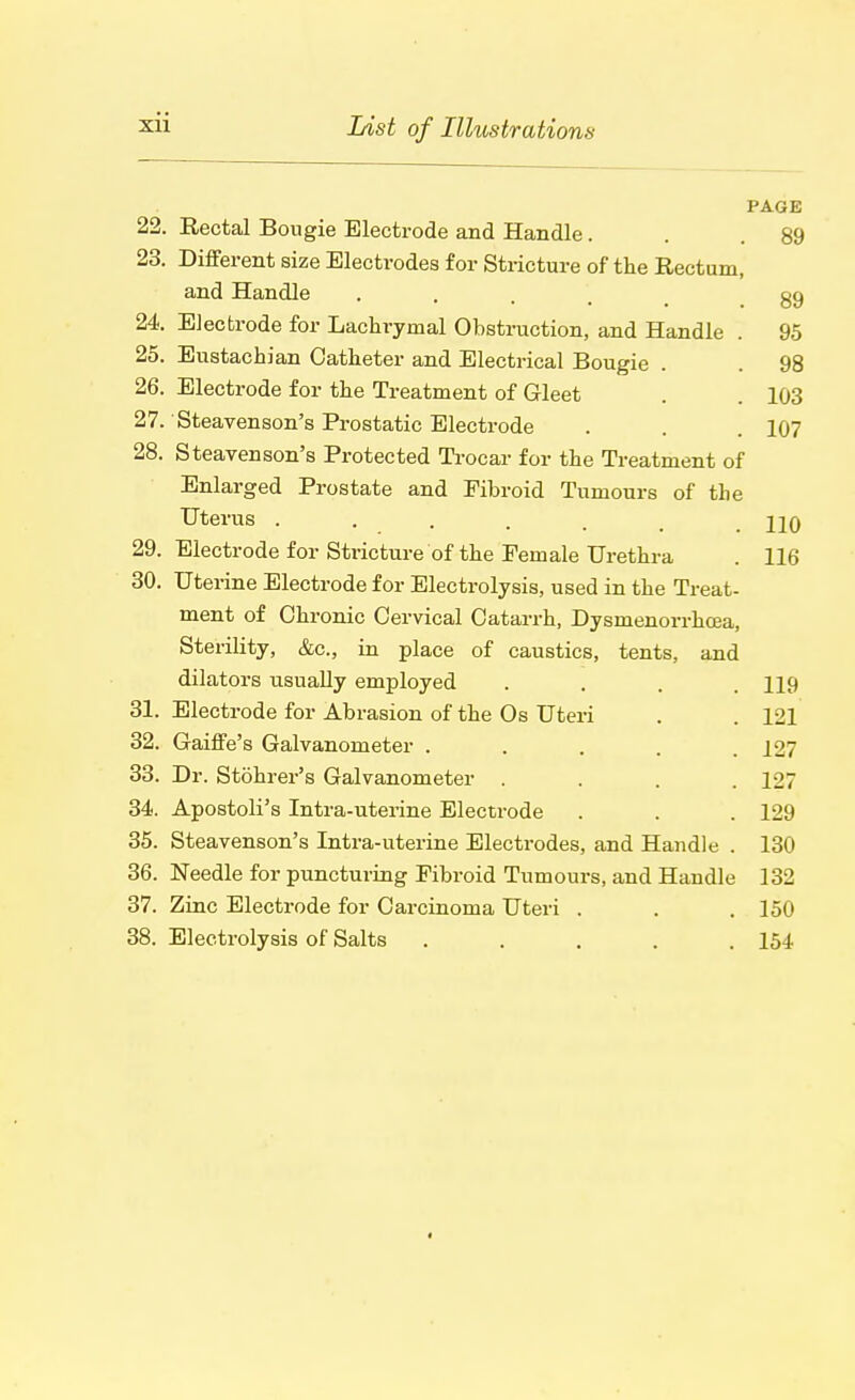 PAGE 22. Rectal Bougie Electrode and Handle. . .89 23. Different size Electrodes for Stricture of the Rectum, and Handle .... 89 24. Electrode for Lachrymal Obstruction, and Handle . 95 25. Eustachian Catheter and Electrical Bougie . . 98 26. Electrode for the Treatment of Gleet . . 103 27. Steavenson's Prostatic Electrode . . . 107 28. Steavenson's Protected Trocar for the Treatment of Enlarged Prostate and Fibroid Tumours of the Uterus ..... no 29. Electrode for Stricture of the Female Urethra . 116 30. Uterine Electrode for Electrolysis, used in the Treat- ment of Chronic Cervical Catarrh, Dysmenorrhcea, Sterility, &c, in place of caustics, tents, and dilators usually employed .... 119 31. Electrode for Abrasion of the Os Uteri . . 121 32. Gaiffe's Galvanometer . . . . .127 33. Dr. Stohrer's Galvanometer .... 127 34. Apostolus Intra-uterine Electrode . . . 129 35. Steavenson's Intra-uterine Electrodes, and Handle . 130 36. Needle for puncturing Fibroid Tumours, and Handle 132 37. Zinc Electrode for Carcinoma Uteri . . . 150 38. Electrolysis of Salts . . . . .154