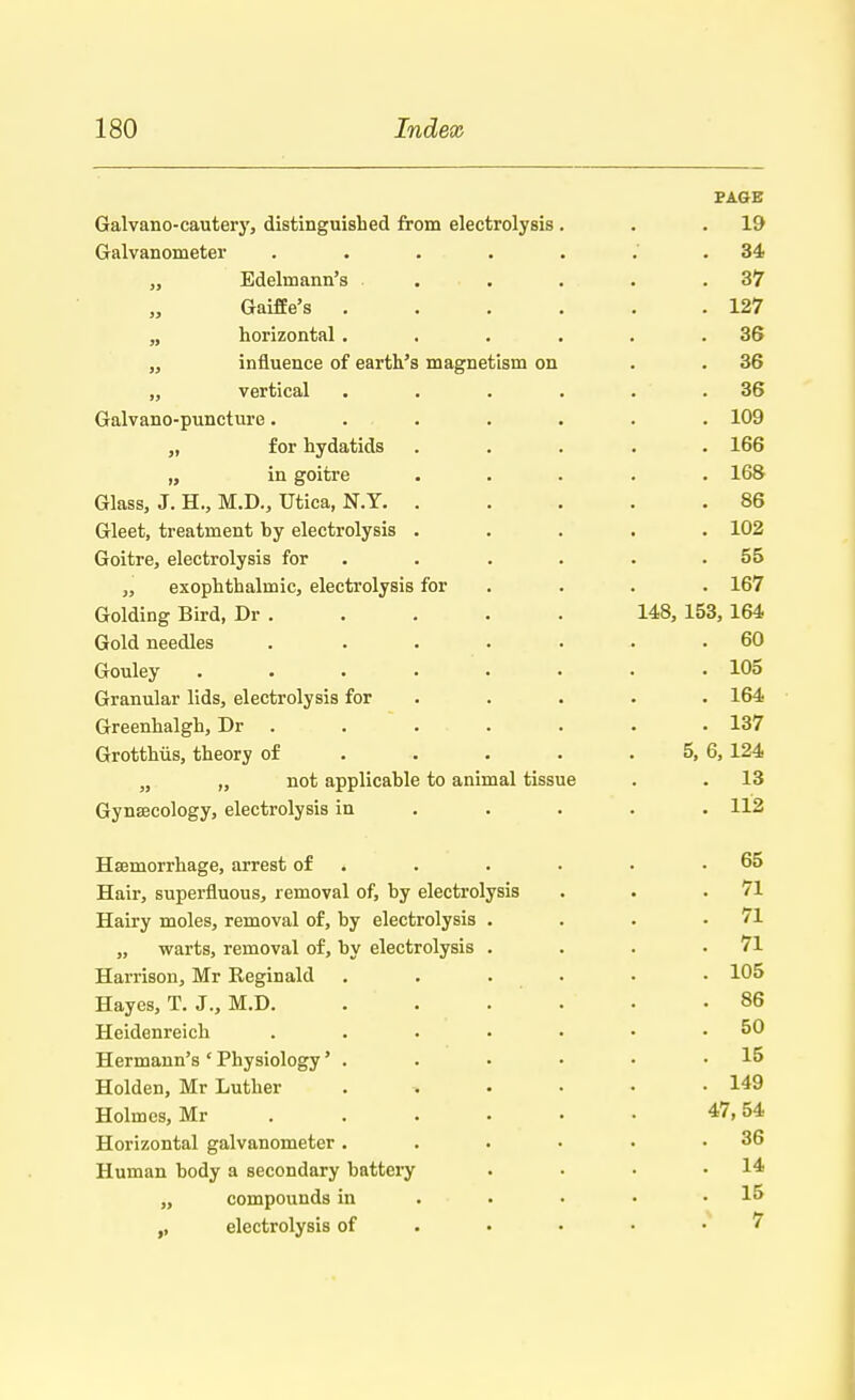 PAGE Galvano-cautery, distinguished from electrolysis. . .19 Galvanometer . . . . . . . 34 „ Edelmann's . . . . .37 Gaiffe's 127 „ horizontal . . . . . .36 „ influence of earth's magnetism on . .36 „ vertical . . . . . . 36 Galvano-puncture....... 109 „ for hydatids ..... 166 „ in goitre ..... 168 Glass, J. H., M.D., Utica, N.Y 86 Gleet, treatment hy electrolysis ..... 102 Goitre, electrolysis for . . . . .55 „ exophthalmic, electrolysis for . . . 167 Golding Bird, Dr . . . . • 148, 153, 164 Gold needles . ...... 60 Gouley . . . . • • -105 Granular lids, electrolysis for . . . . 164 Greenhalgh, Dr . . . . . . .137 Grotthus, theory of 5, 6,124 n „ not applicable to animal tissue . . 13 Gynaecology, electrolysis in .... 112 Haemorrhage, arrest of . . . • .65 Hair, superfluous, removal of, by electrolysis . . .71 Hairy moles, removal of, by electrolysis . . . .71 „ warts, removal of, by electrolysis . . . .71 Harrison, Mr Eeginald 105 Hayes, T. J., M.D 86 Heidenreich . . . • • • .50 Hermann's' Physiology' . • • • • .15 Holden, Mr Luther . . . • • -149 Holmes, Mr . . . • • • 47,54 Horizontal galvanometer. . . • • .36 Human body a secondary battery . • • .14 „ compounds in • • • .15 electrolysis of • • • • «