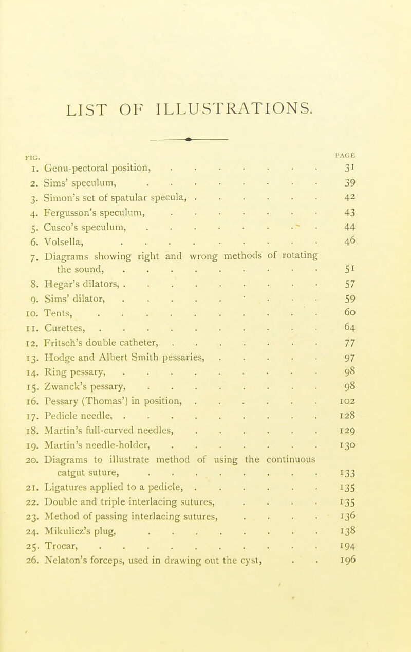 LIST OF ILLUSTRATIONS. FIG. l'AGE 1. Genu-pectoral position, 31 2. Sims' speculum, 39 3. Simon's set of spatular specula, 42 4. Fergusson's speculum, ....... 43 5. Cusco's speculum, ** 44 6. Volsella, 46 7. Diagrams showing right and wrong methods of rotating the sound, S1 8. Hegar's dilators, 57 9. Sims' dilator, • . . . 59 10. Tents 60 11. Curettes, 64 12. Fritsch's double catheter, 77 13. Hodge and Albert Smith pessaries, 97 14. Ring pessary, 98 15. Zwanck's pessary, 98 16. Pessary (Thomas') in position, 102 17. Pedicle needle, 128 18. Martin's full-curved needles, 129 19. Martin's needle-holder, 130 20. Diagrams to illustrate method of using the continuous catgut suture, . . 133 21. Ligatures applied to a pedicle, 135 22. Double and triple interlacing sutures, . . . . 135 23. Method of passing interlacing sutures, .... 136 24. Mikulicz's plug, 138 25. Trocar, 194 26. Nekton's forceps, used in drawing out the cysl, . . 196