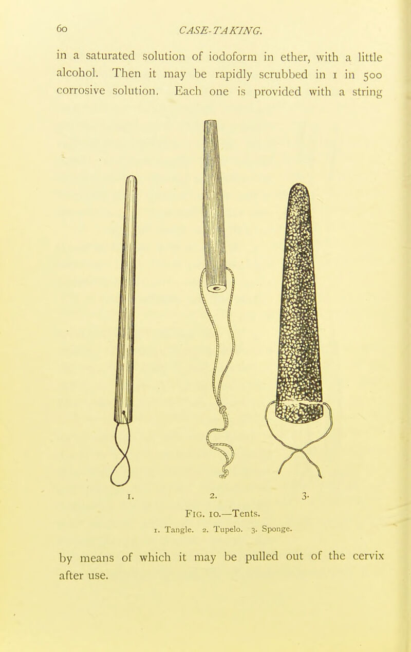 in a saturated solution of iodoform in ether, with a little alcohol. Then it may be rapidly scrubbed in i in 500 corrosive solution. Each one is provided with a string 1. 2. 3- Fig. 10.—Tents. 1. Tangle. 2. Tupelo. 3. Sponge. by means of which it may be pulled out of the cervix after use.