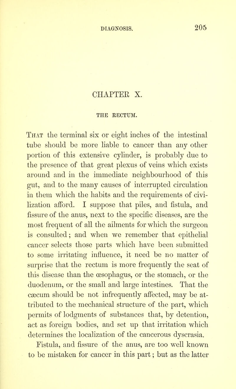 CHAPTEE X. THE RECTUM. That the terminal six or eight inches of the intestinal tube should be more liable to cancer than any other portion of this extensive cylinder, is probably due to the presence of that great plexus of veins which exists around and in the immediate neighbourhood of this gut, and to the many causes of interrupted circulation in them which the habits and the requirements of civi- lization afford. I suppose that piles, and fistula, and fissure of the anus, next to the specific diseases, are the most frequent of all the ailments for which the surgeon is consulted; and when we remember that epithelial cancer selects those parts which have been submitted to some irritating influence, it need be no matter of surprise that the rectum is more frequently the seat of this disease than the oesophagus, or the stomach, or the duodenum, or the small and large intestines. That the caecum should be not infrequently affected, may be at- tributed to the mechanical structure of the part, which permits of lodgments of substances that, by detention, act as foreign bodies, and set up that irritation which determines the localization of the cancerous dyscrasia. Fistula, and fissure of the anus, are too well known to be mistaken for cancer in this part; but as the latter