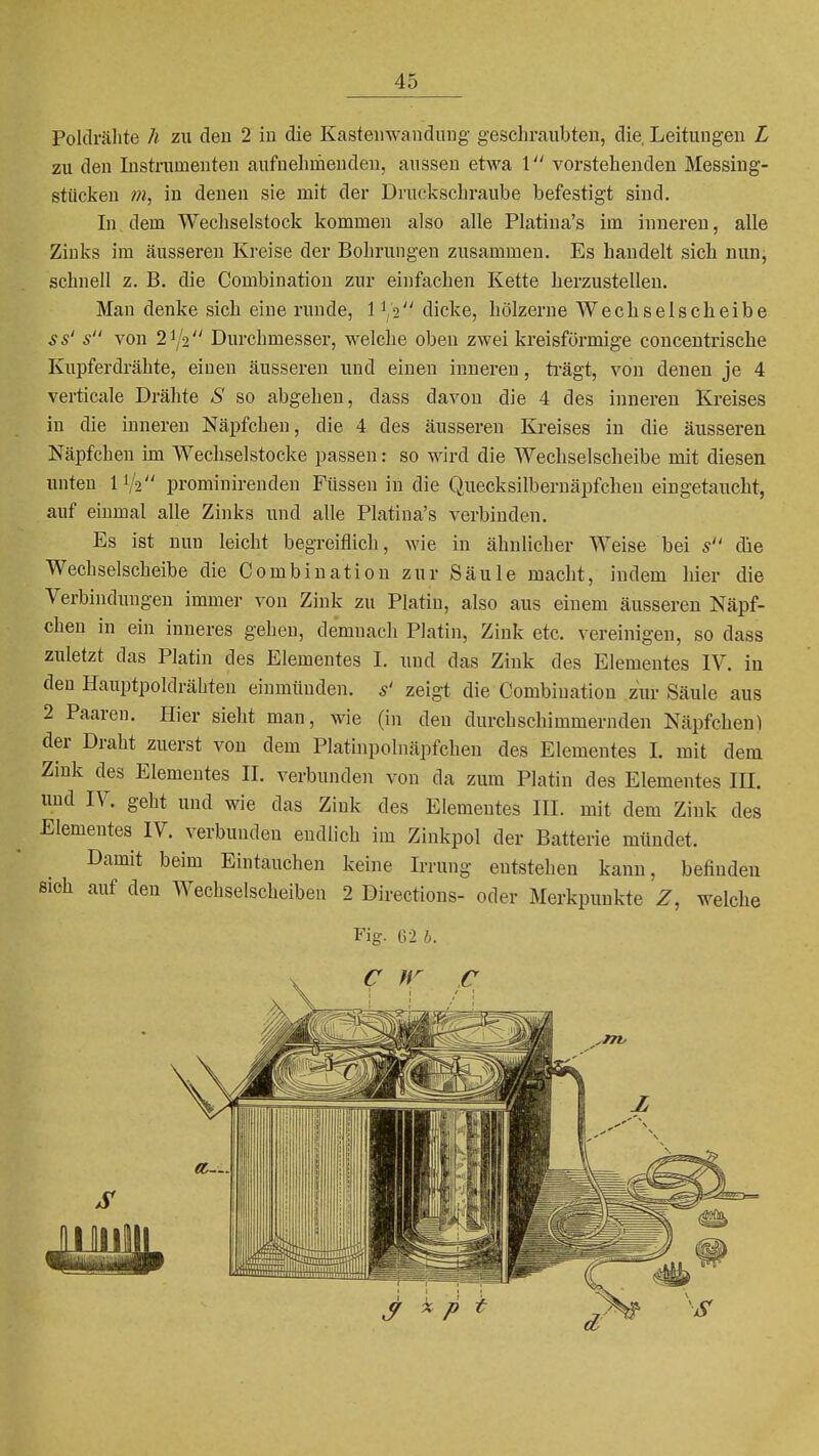 zu den Instrumenten aufnehmenden, aussen etwa 1 vorstehenden Messing- stücken iu denen sie mit der Druckschraube befestigt sind. In dem Wecliselstock kommen also alle Platina's im inneren, alle Zinks im äusseren Kreise der Bohrungen zusammen. Es handelt sich nun, schnell z. B. die Combination zur einfachen Kette herzustellen. Man denke sich eine runde, 11,2 dicke, hölzerne Wechselscheibe ss' s von 21/2 Durchmesser, welche oben zwei kreisförmige concentrische Kupferdrähte, einen äusseren und einen inneren, ti'ägt, von denen je 4 verticale Drähte S so abgehen, dass davon die 4 des inneren Kreises in die inneren Näpfchen, die 4 des äusseren Kreises in die äusseren Näpfchen im Wechselstocke passen: so wird die Wechselsclieibe niit diesen unten IV2 prominirenden Füssen iu die Quecksilbernäpfchen eingetaucht, auf einmal alle Zinks und alle Platina's verbinden. Es ist nun leicht begreiflich, wie in ähnlicher Weise bei s die Wechselscheibe die Combination zur Säule macht, indem hier die Verbindungen immer von Zink zu Platin, also aus einem äusseren Näpf- chen in ein inneres gehen, demnach Platin, Zink etc. vereinigen, so dass zuletzt das Platin des Elementes 1. und das Zink des Elementes IV. in den Hauptpoldrähteu einmünden, s' zeigt die Combination zur Säule aus 2 Paaren. Hier sieht man, wie (in den durchschimmernden Näpfchen) der Draht zuerst von dem Platinpolnäpfchen des Elementes I. mit dem Zink des Elementes II. verbunden von da zum Platin des Elementes IU. und IV. gebt und wie das Zink des Elementes III. mit dem Zink des Elementes IV. verbunden endlich im Zinkpol der Batterie mündet. Damit beim Eintauchen keine Irrung entstehen kann, befinden sieh auf den Wechselscheiben 2 Directions- oder Merkpunkte Z, welche Fig. 62 b. c c