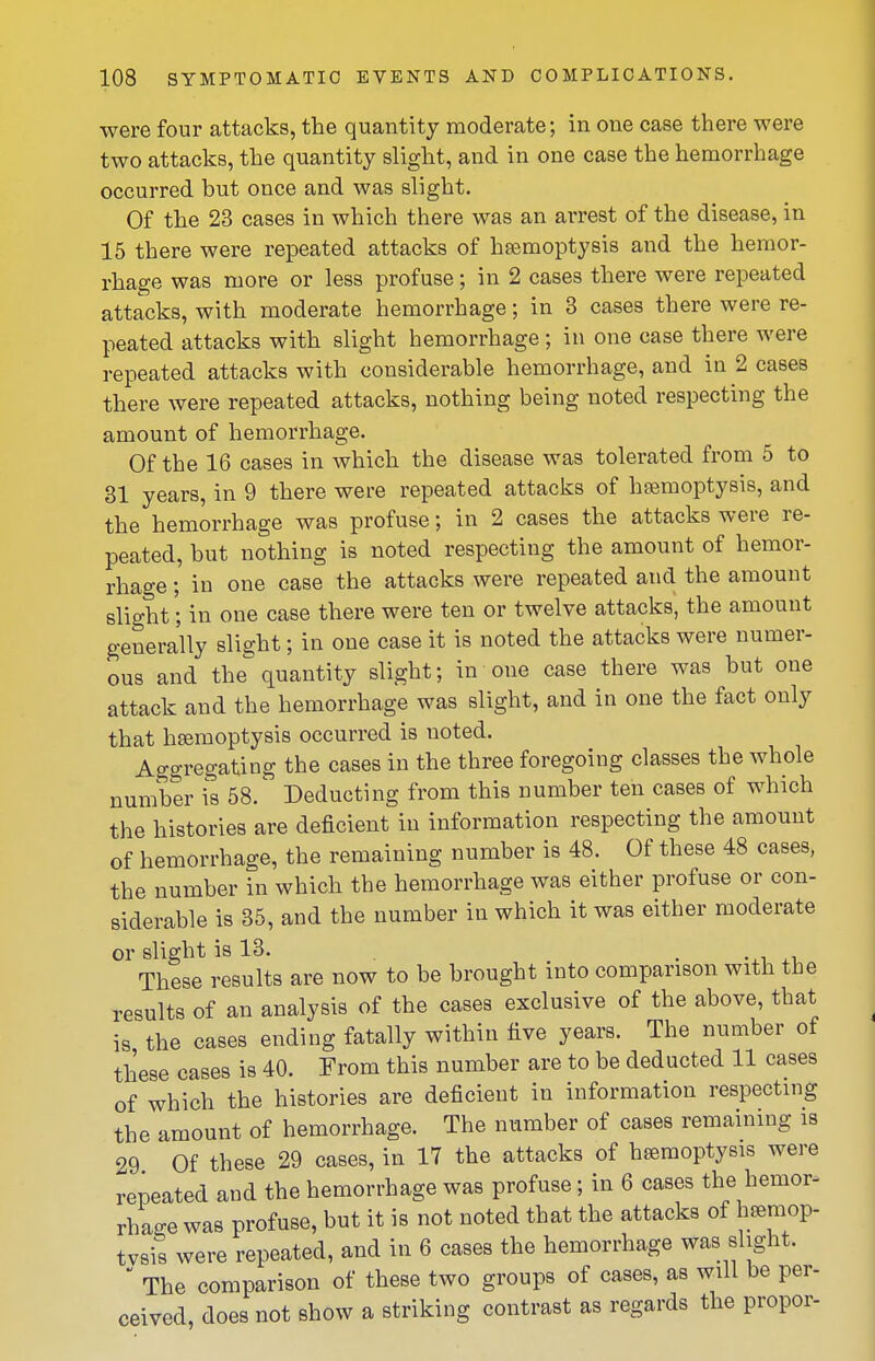 were four attacks, the quantity moderate; in one case there were two attacks, the quantity slight, and in one case the hemorrhage occurred but once and was slight. Of the 23 cases in which there was an arrest of the disease, in 15 there were repeated attacks of hsemoptysis and the hemor- rhage was more or less profuse; in 2 cases there were repeated attacks, with moderate hemorrhage; in 3 cases there were re- peated attacks with slight hemorrhage; in one case there were repeated attacks with considerable hemorrhage, and in 2 cases there were repeated attacks, nothing being noted respecting the amount of hemorrhage. Of the 16 cases in which the disease was tolerated from 5 to 31 years, in 9 there were repeated attacks of hemoptysis, and the hemorrhage was profuse; in 2 cases the attacks were re- peated, but nothing is noted respecting the amount of hemor- rhao-e; in one case the attacks were repeated and the amount slight; in one case there were ten or twelve attacks, the amount generally slight; in one case it is noted the attacks were numer- ous and the quantity slight; in one case there was but one attack and the hemorrhage was slight, and in one the fact only that hfemoptysis occurred is noted. Aggregating the cases in the three foregoing classes the whole number i's 58. Deducting from this number ten cases of which the histories are deficient in information respecting the amount of hemorrhage, the remaining number is 48. Of these 48 cases, the number in which the hemorrhage was either profuse or con- siderable is 35, and the number in which it was either moderate or slight is 13. , _ . These results are now to be brought into comparison with the results of an analysis of the cases exclusive of the above, that is the cases ending fatally within five years. The number of these cases is 40. From this number are to be deducted 11 cases of which the histories are deficient in information respecting the amount of hemorrhage. The number of cases remaining is 29 Of these 29 cases, in 17 the attacks of haemoptysis were repeated and the hemorrhage was profuse; in 6 cases the hemor- rhage was profuse, but it is not noted that the attacks of heemop. tvsis were repeated, and in 6 cases the hemorrhage was slight.  The comparison of these two groups of cases, as will be per- ceived, does not show a striking contrast as regards the propor-